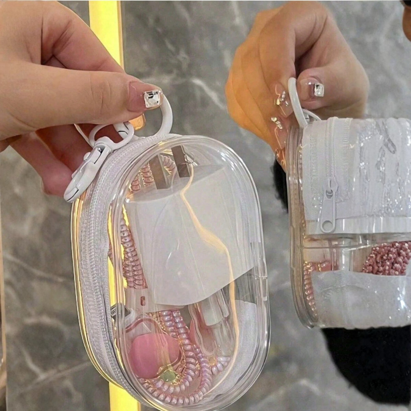 2 Pack Transparent Mini Zipper Storage Pouch Travel Bag Organizer Keychain Clip