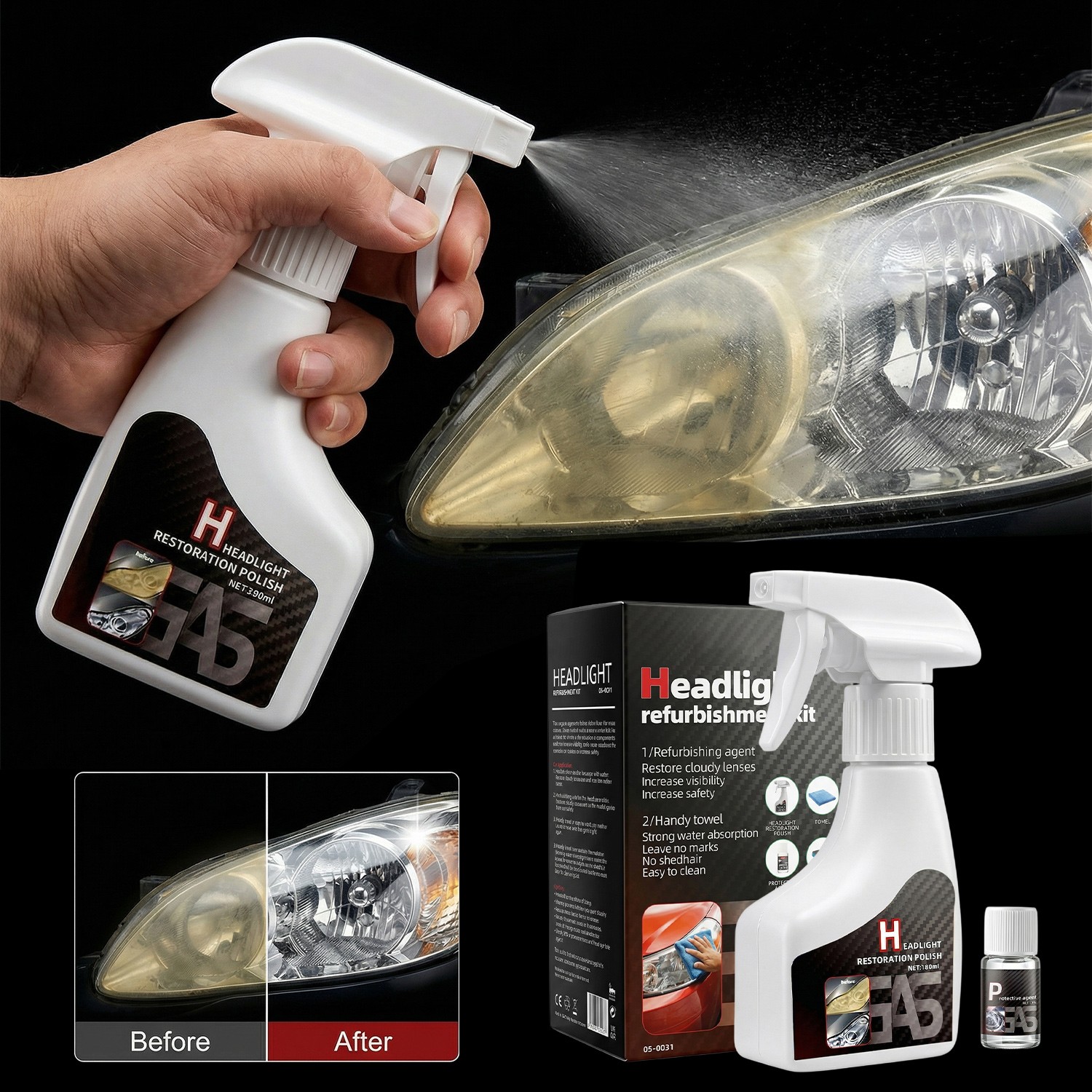 Automotive Headlamp Restoration Fluid Kit 180ml Headlight Polishing Cleaner Kit