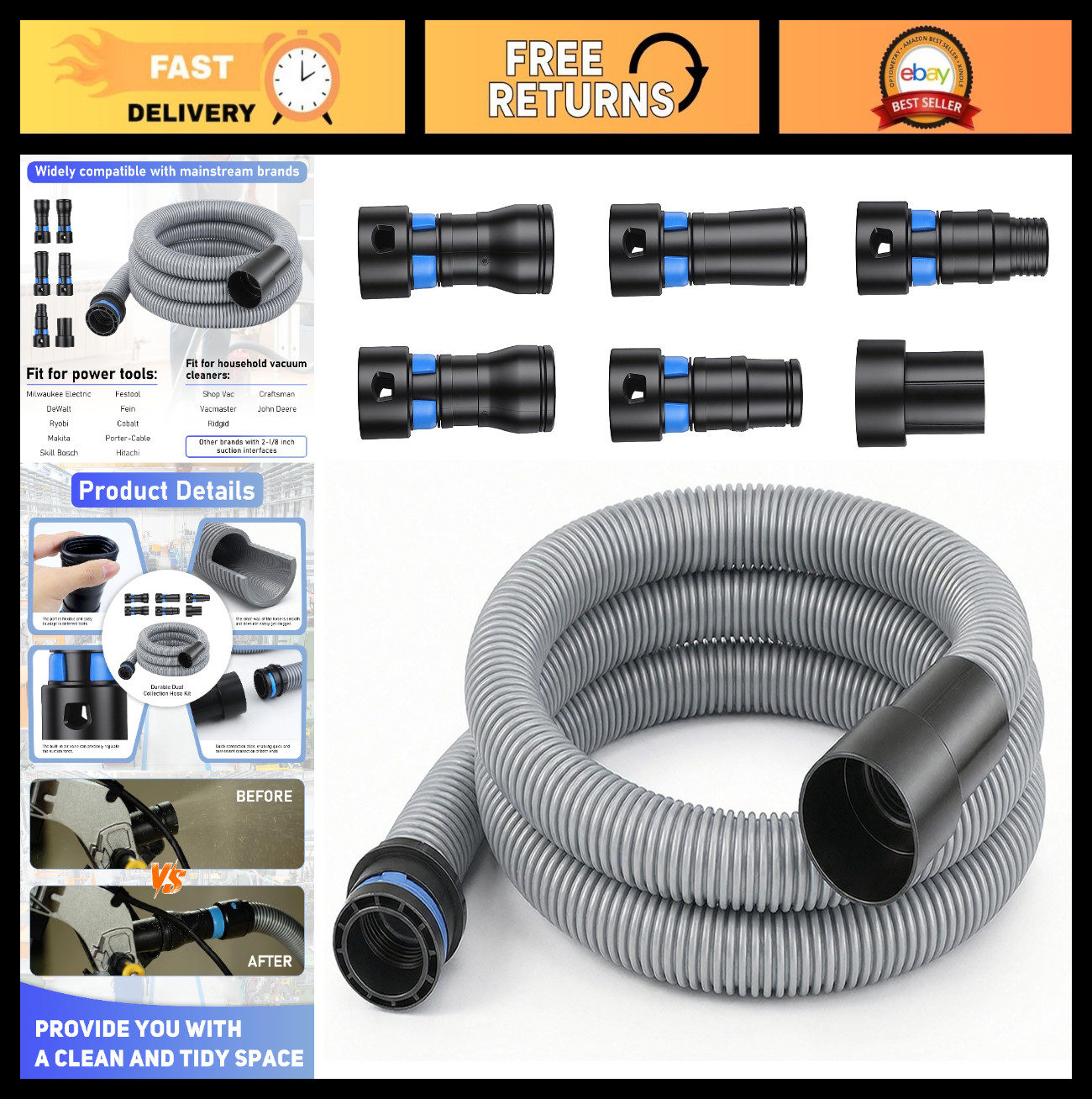 10FT Durable Dust Collection Hose Kit – Universal Fit for Shop Vacuums, 6-Piece