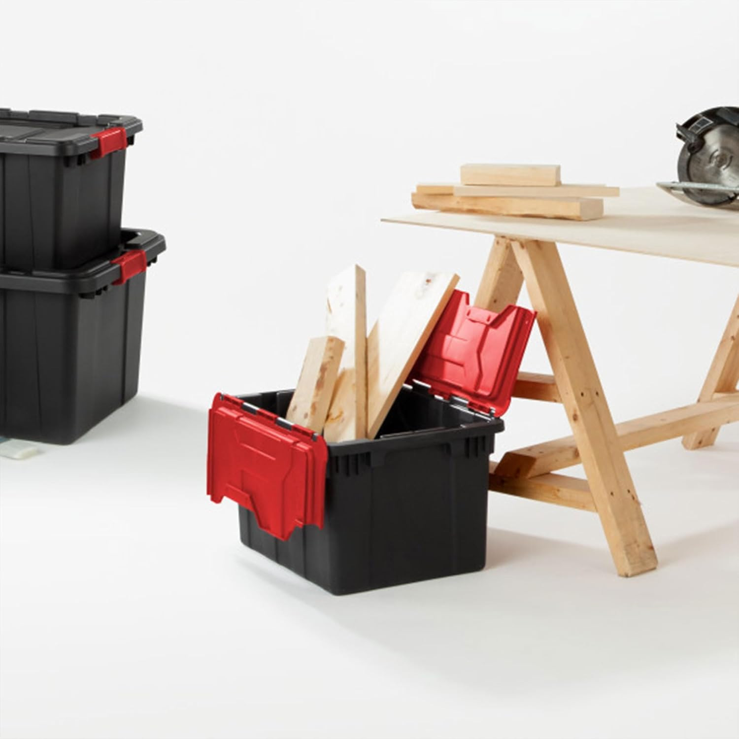 6 Pack Stackable 12 Gal Totes with Hinged Lids – Black/Red Storage Bins