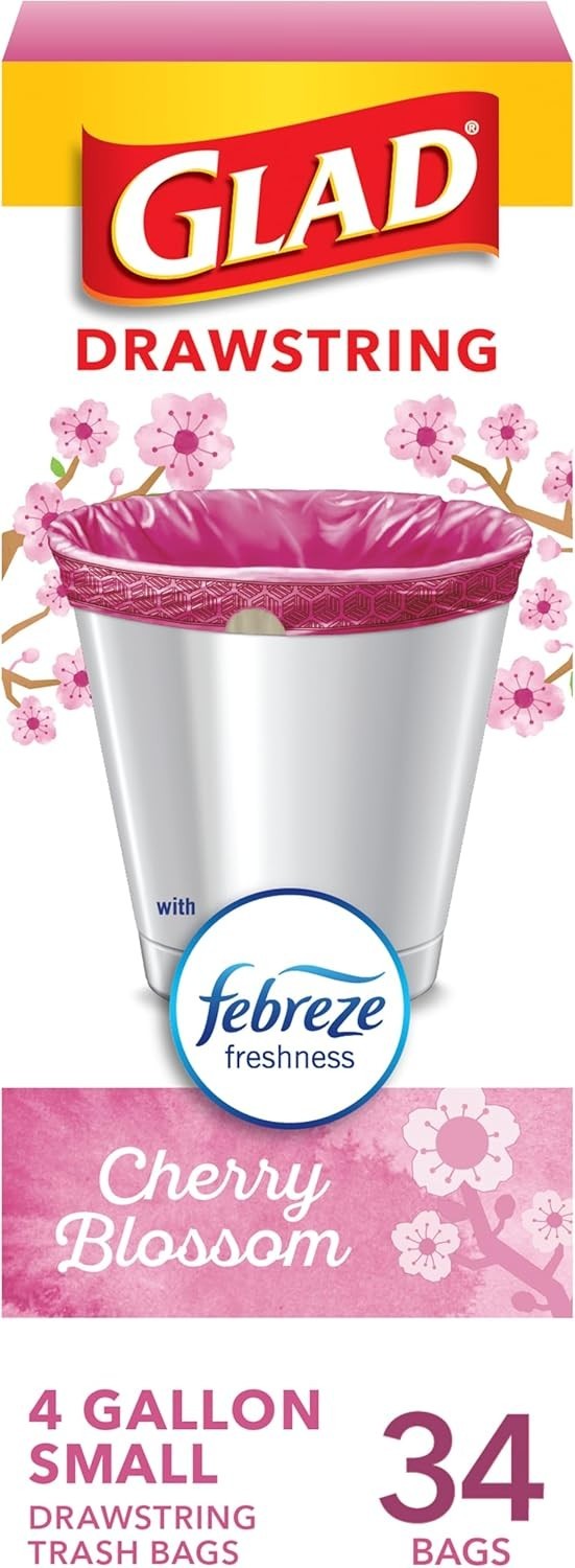 Glad 4 Gallon Drawstring Trash Bags Cherry Blossom | 34 or 80 Ct