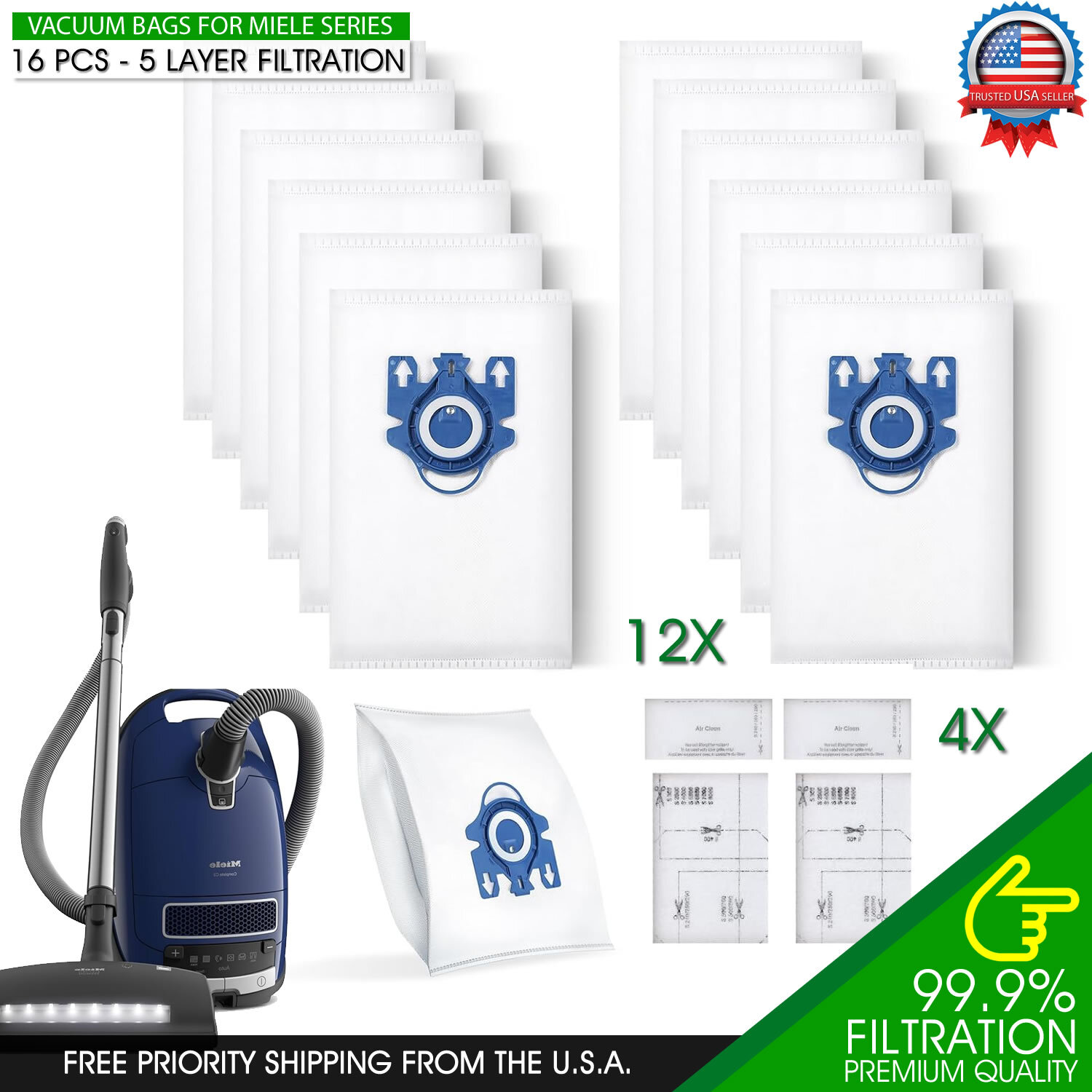 12 Vacuum Dust Bags Miele 4 AirClean Filter Replacement FJM GN S2 S5 S8 C1 C2 C3