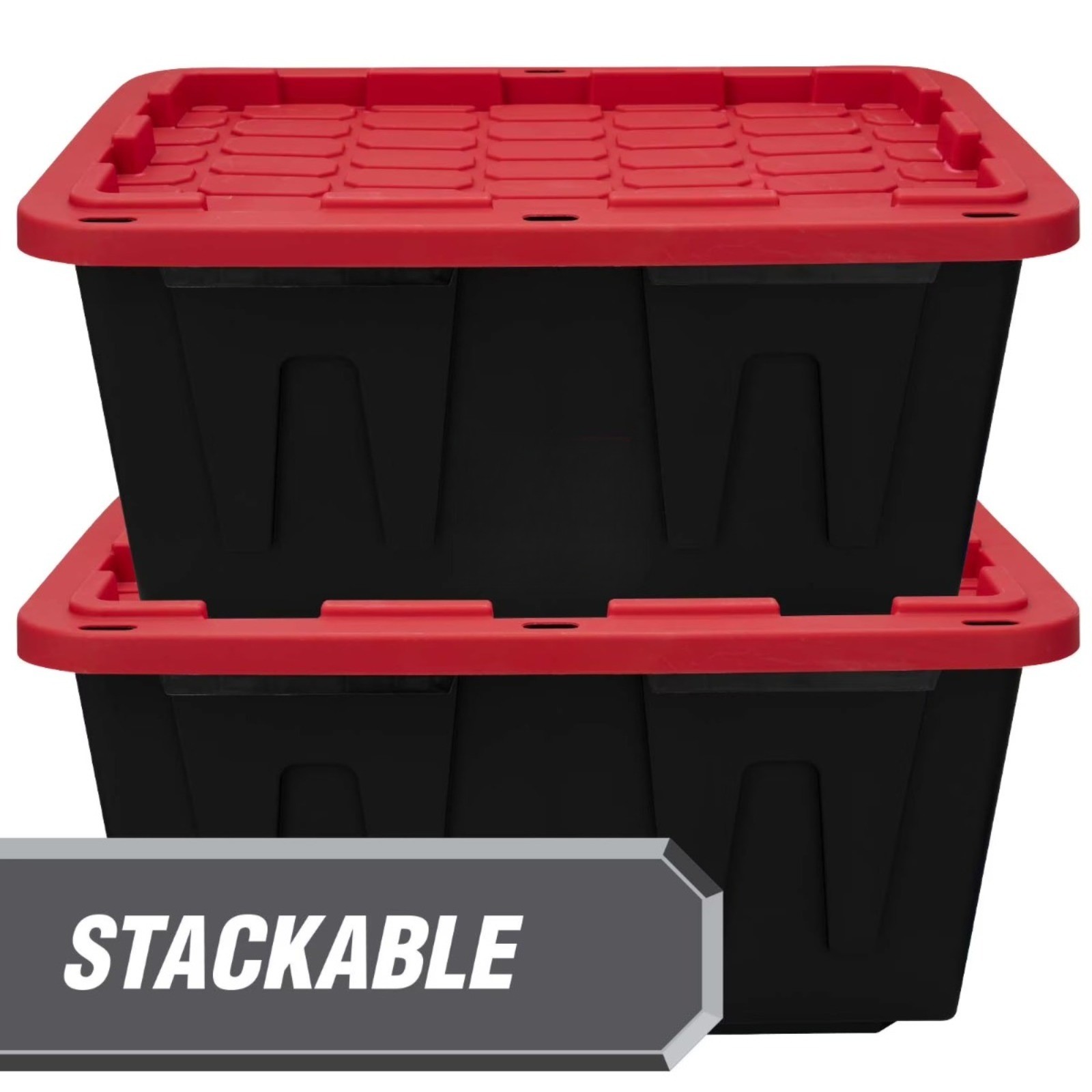 27 Gallon Heavy Duty Plastic Storage Bin with Lid, Black and Red, Pack of 4