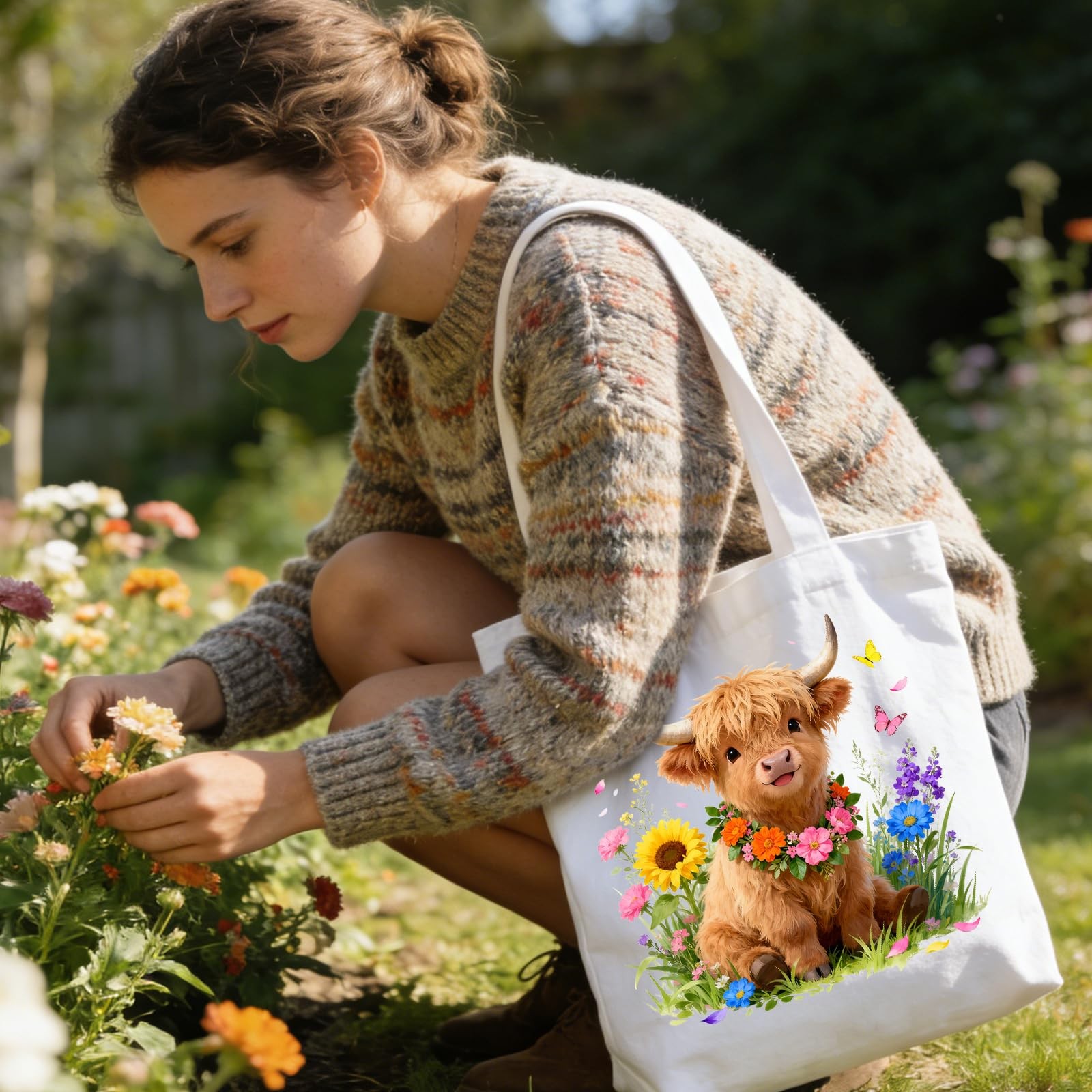 Reusable Durable Floral Highland Cow Canvas Tote Bag, Zippered Shoulder Women’s