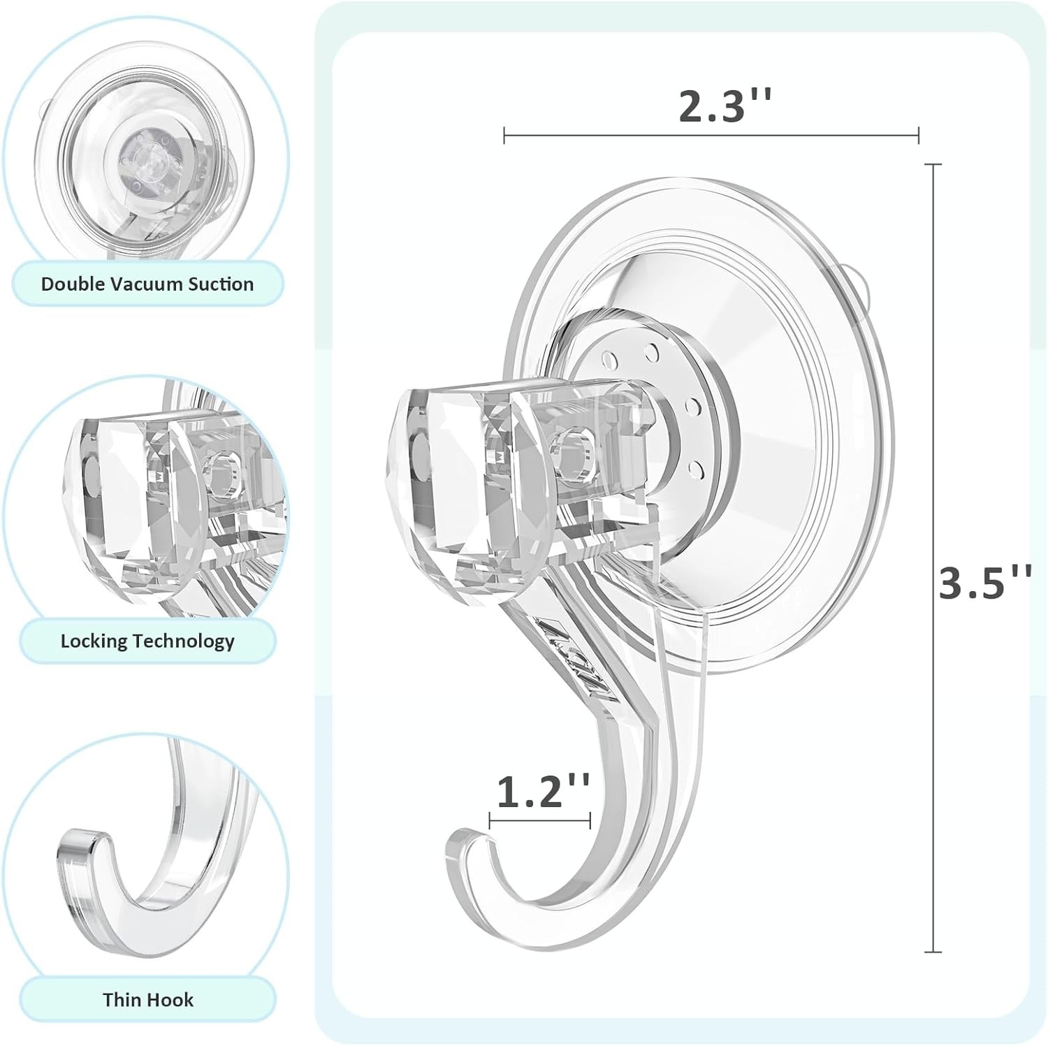Minimalist Clear Suction Cup Hooks, Removable & Reusable – 2 Pcs, 6.6 lbs Max