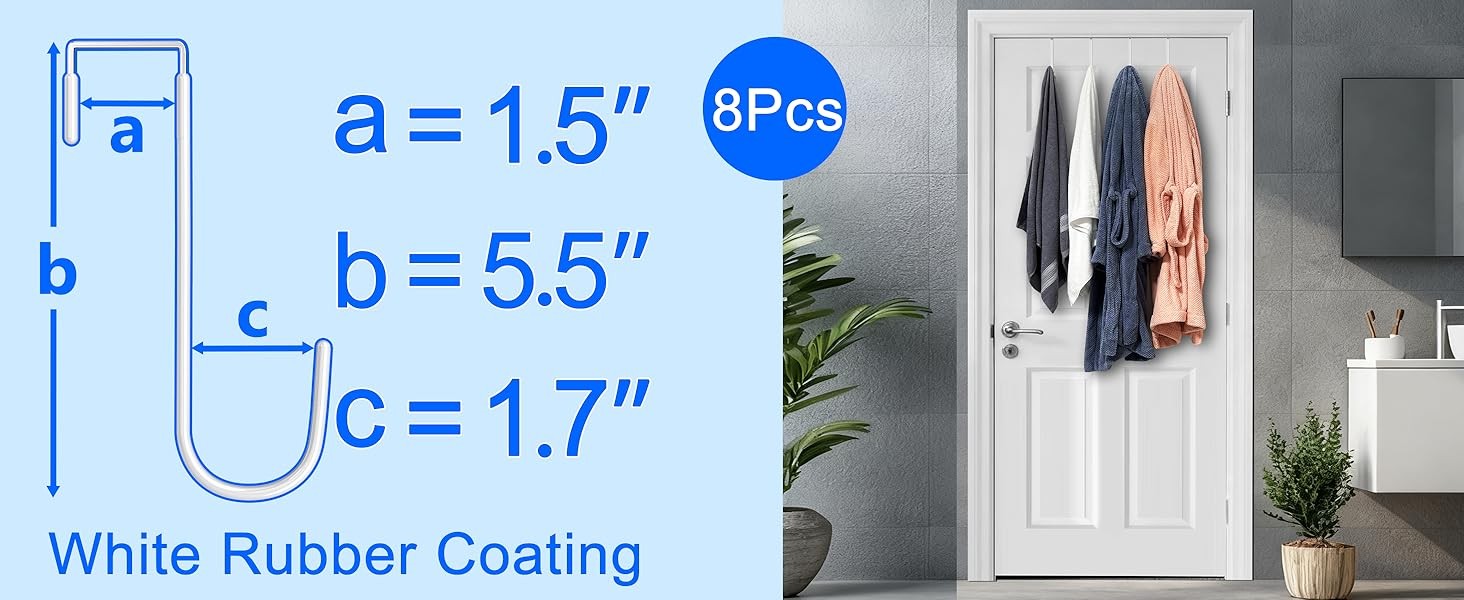Single Over Door Steel Hooks 2 Pack Fit 1-3/8″ Door 5.5″ White | Plastic Coated