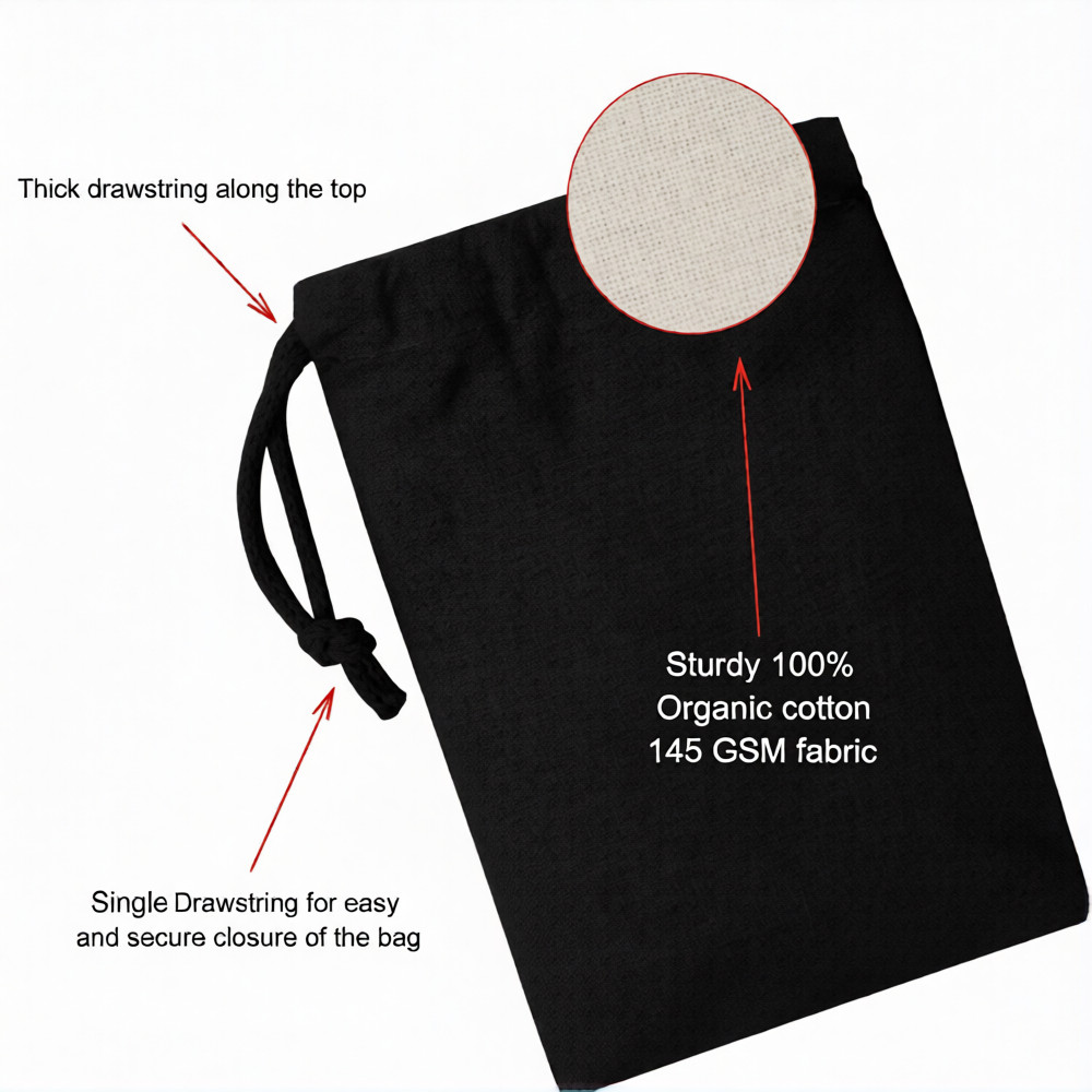 CharkaBags – 3 x 5 Inches Black Single Drawstring Reusable Washable Muslin Bags