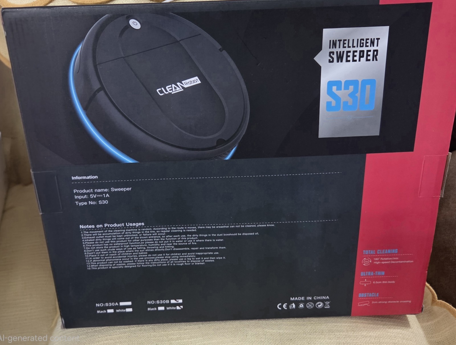CLEAN Robot S30 Robotic Vacuum Cleaner, Cordless Bagless, 300ml, Black, 5V