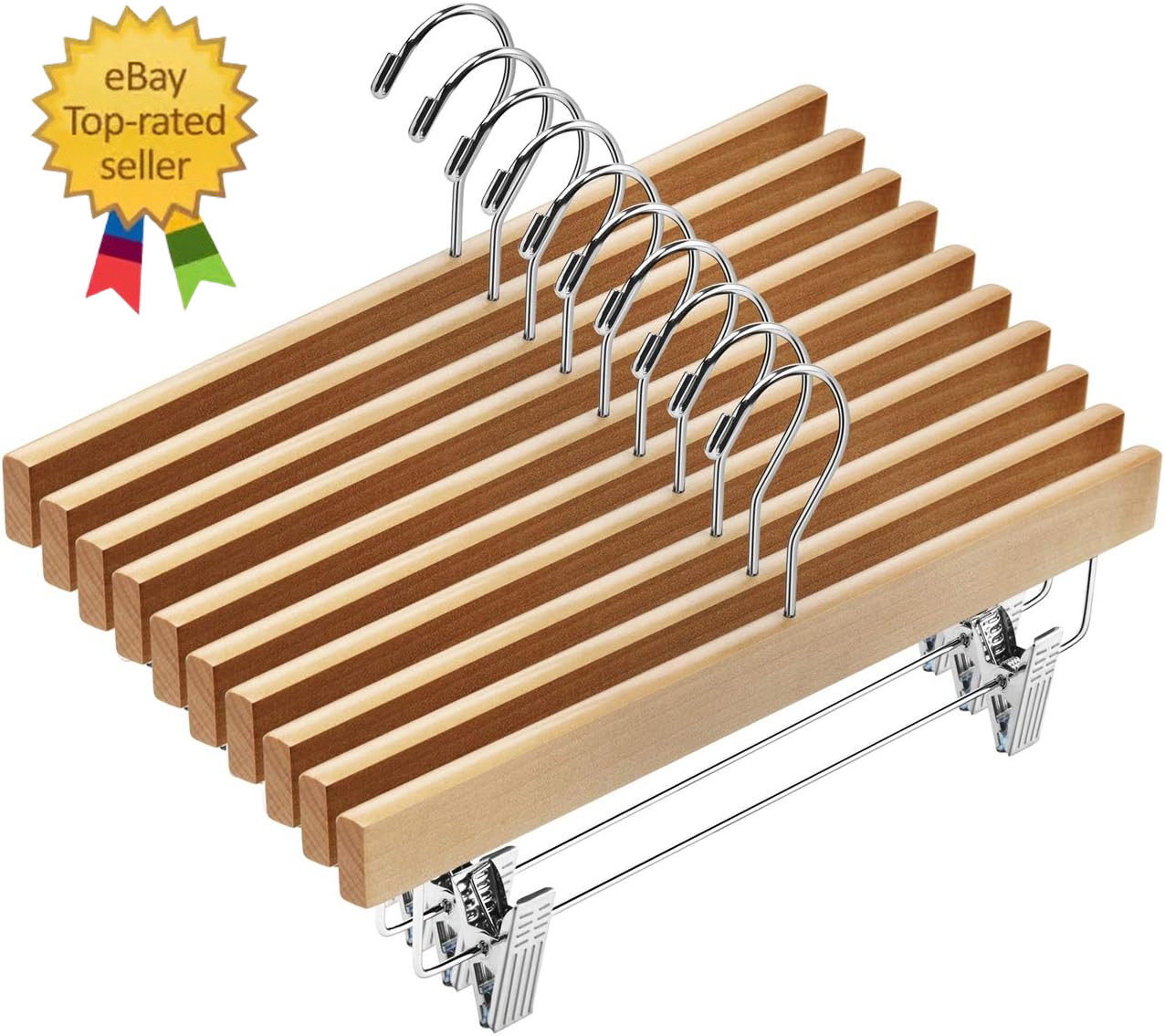 20Pcs Wooden Pants Hangers Solid Pants Hanger with Adjustable Clips 14 Inch Natu