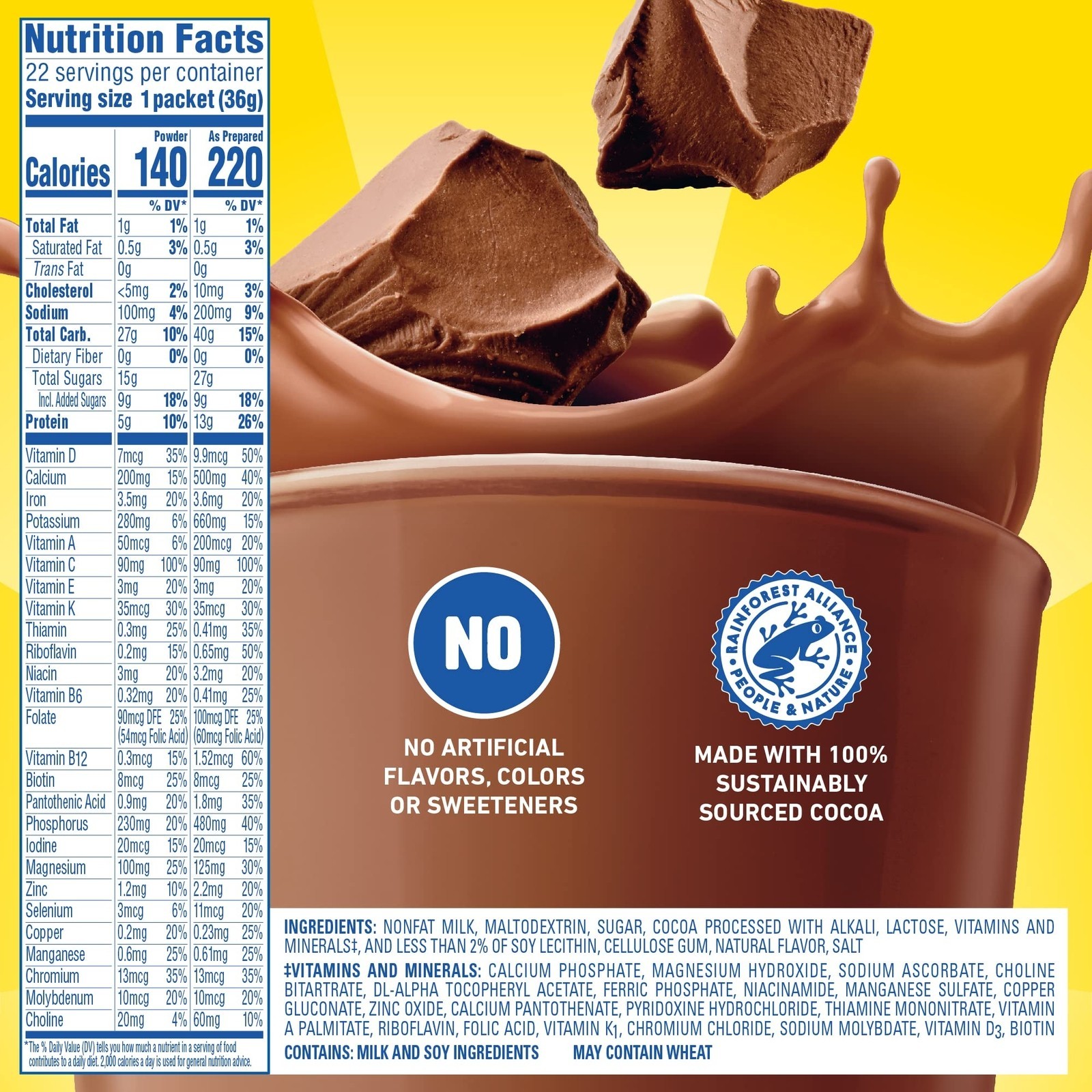 Powder Drink Mix Rich Milk Chocolate 22 Count Box of 1.26 Ounce Packets