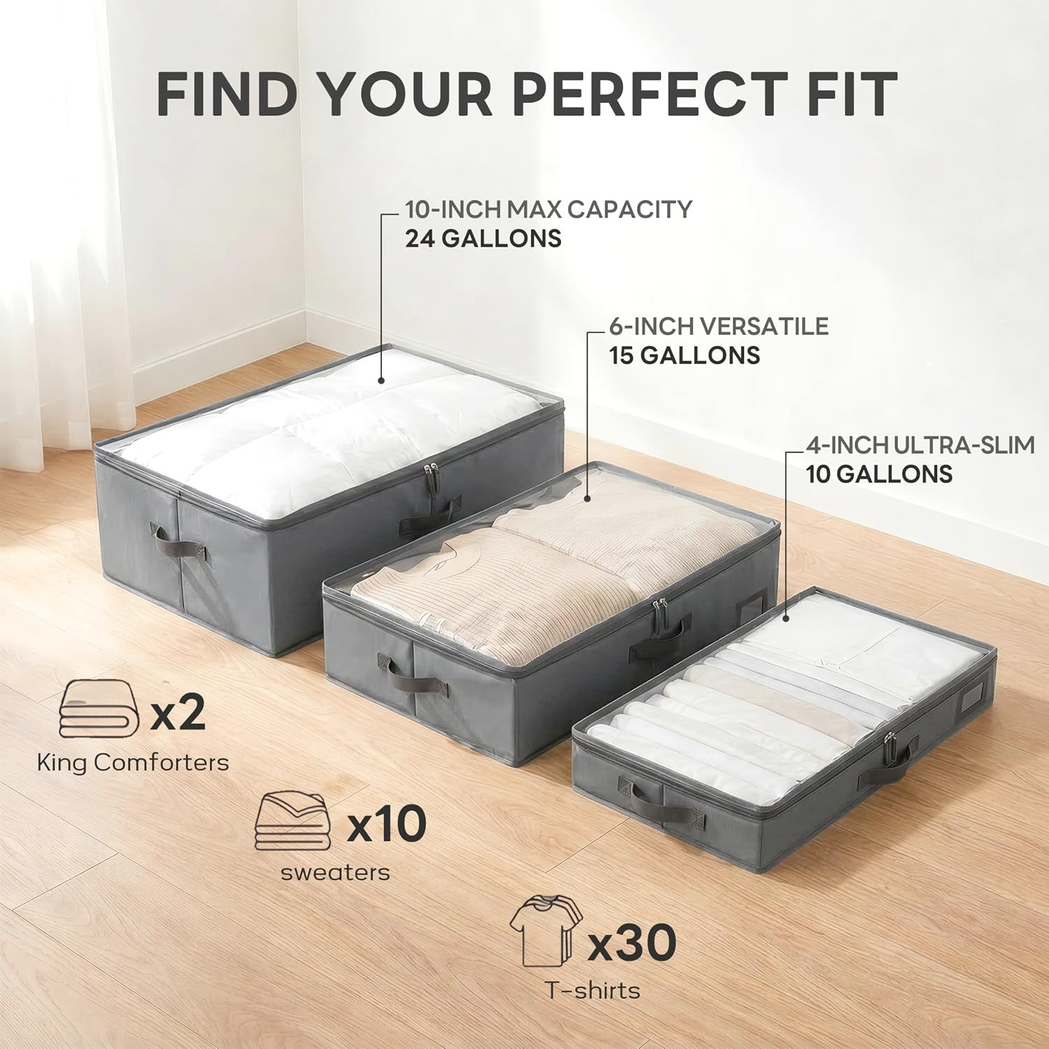 4″ Low Profile under Bed Storage Bins (2-Pack, Grey), Slim 600D Oxford Fabric Cl