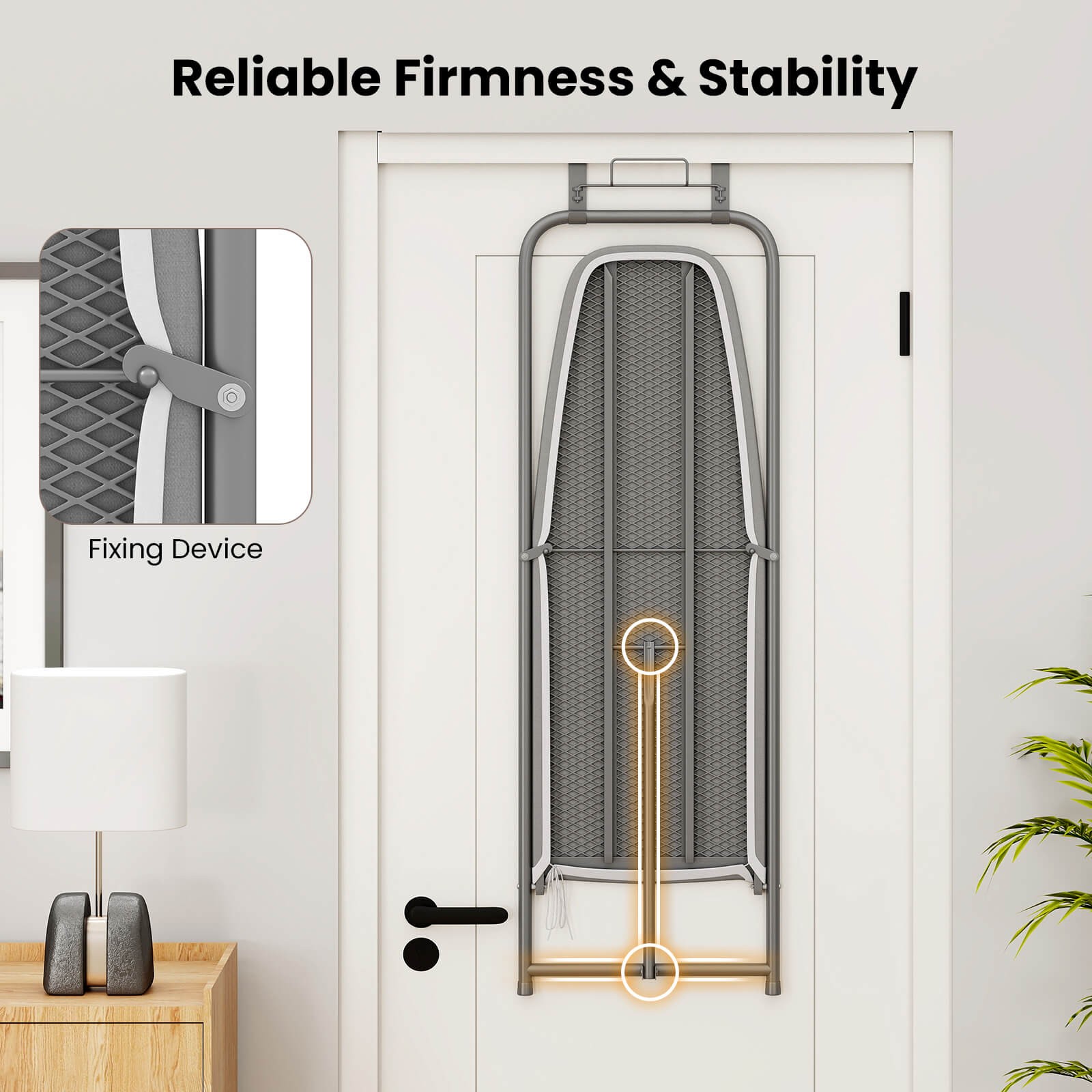 Space-Saving Over the Door Ironing Board w/ Iron Holder & Cotton Cover Gray