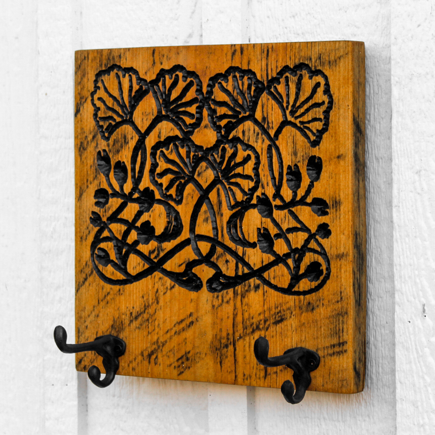 Ginkgo Art Nouveau Wall Hooks – Carved in a Solid Wood Board Rustic Distressed
