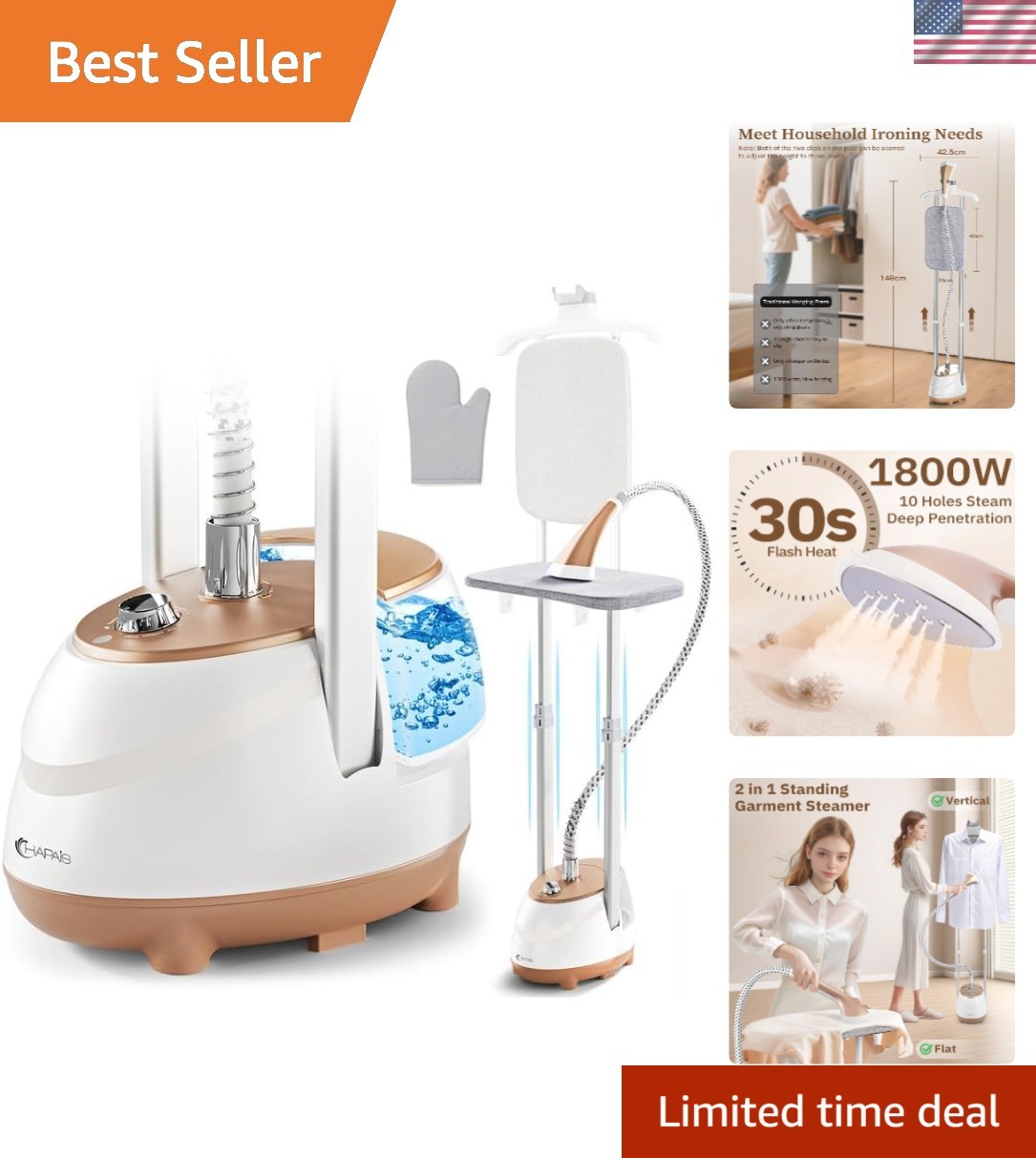Clothes Steamer 1800W Standing Garment Steamer with Adjustable Double Rod