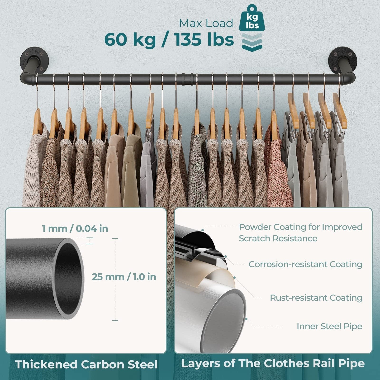 Industrial Pipe Clothes Rack Wall Mounted Set of 2, 38.4 inches Heavy Duty Iron