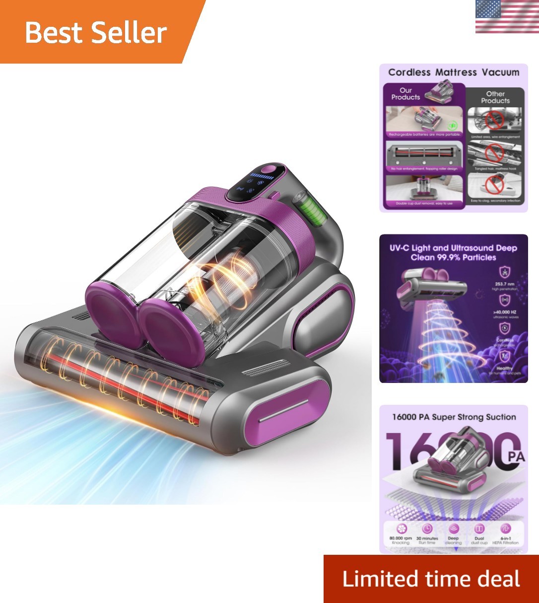 Bed Mattress Vacuum Cleaner Cordless 16Kpa Handheld Vacuum, Vacuum Cleaner wi…