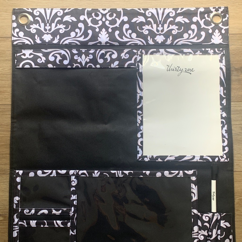 Thirty-One Wall Organizer Hanging Command Center Black White Damask Print 2 lbs