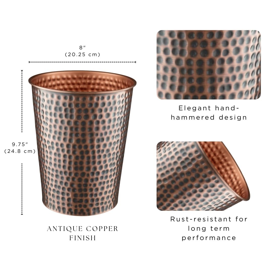 Hand Hammered Antique Copper Metal Small Bathroom Trash Can Wastebasket Bin