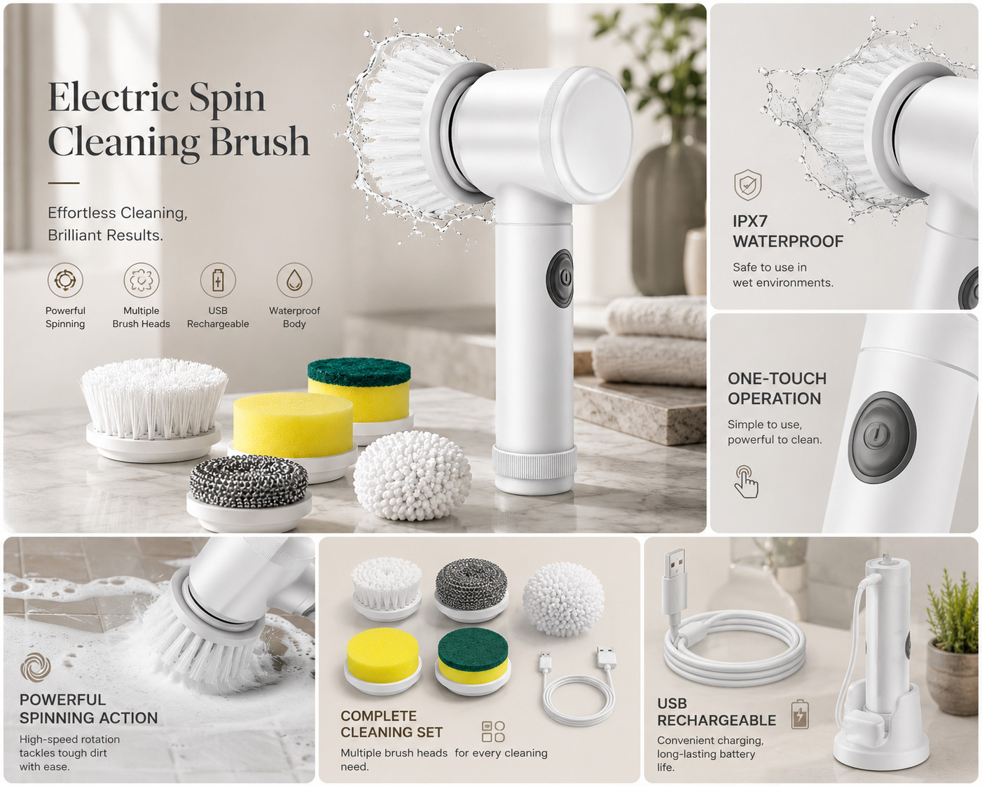 Electric Spin Scrubber Cordless Cleaning Brush Rechargeable 5 Brush Heads