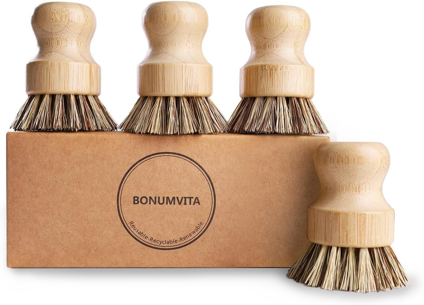 Bamboo Dish Brush Set 4 Pack Kitchen Cleaning Brush for Pots Pans Vegetables