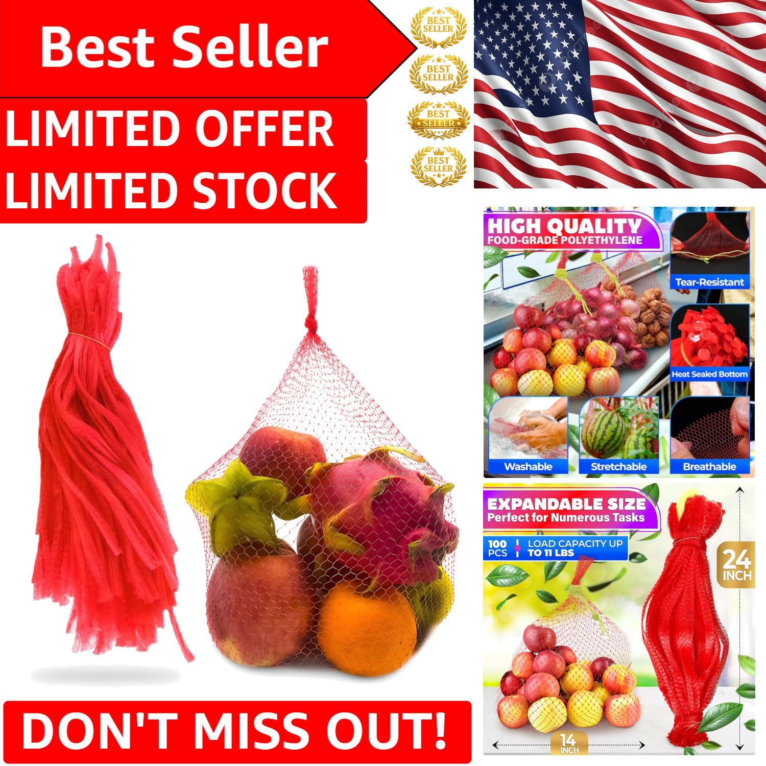 Freshness Assured: 100 Nylon Mesh Bags for Fruits, Veggies, and Seafood Cooking