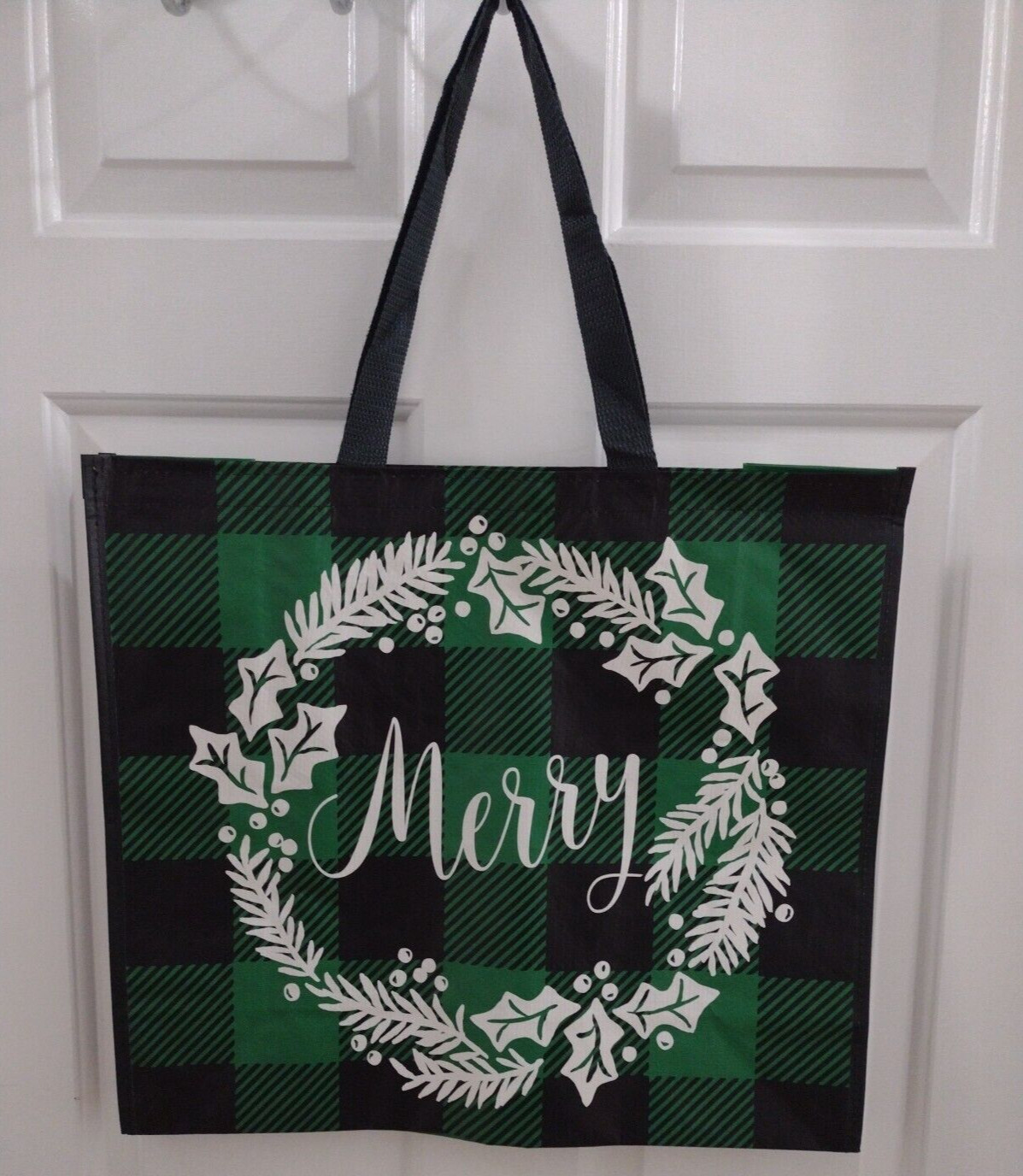 Large Reuseable Shopping Bag Green Plaid Merry Wreath Eco-Friendly tote TJ Maxx
