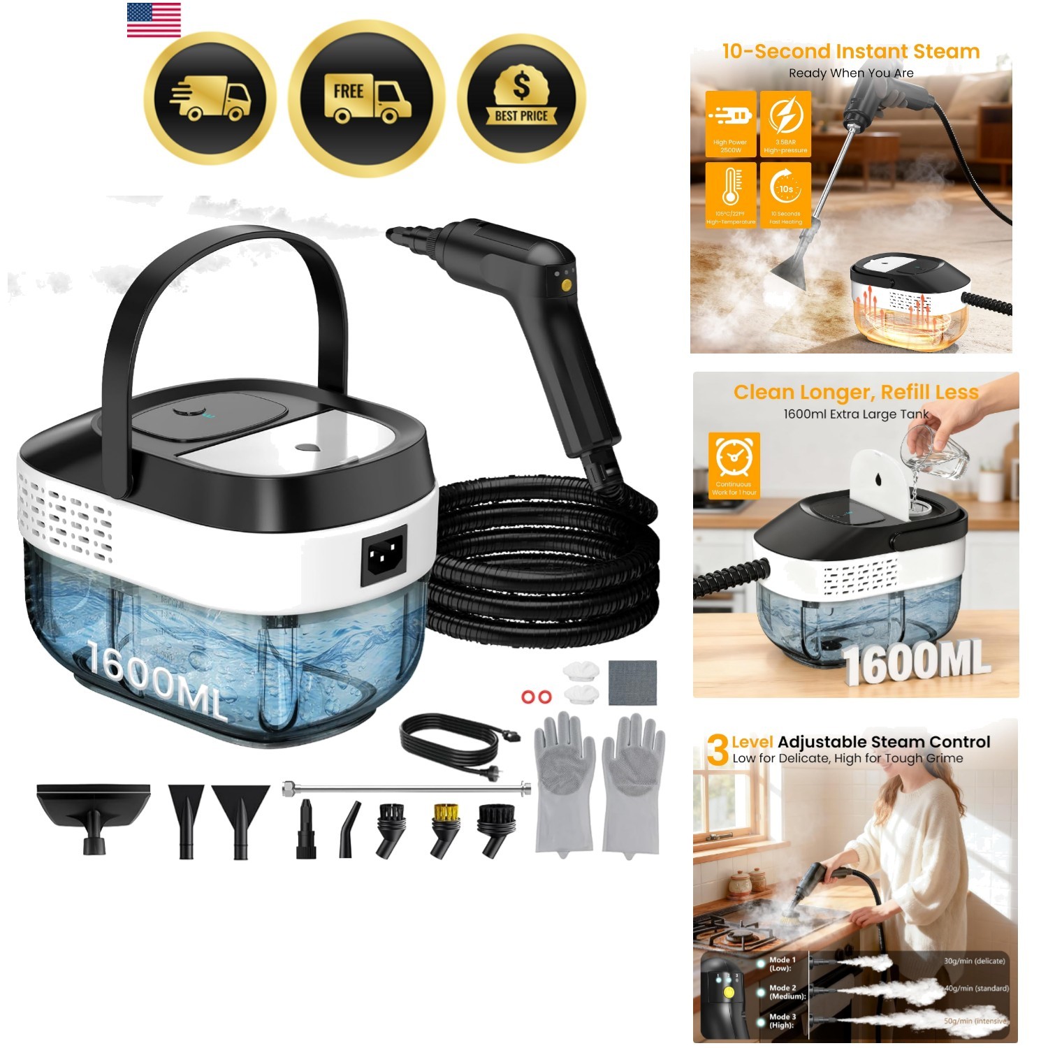 Steam Cleaner Handheld 1.6L 2500W Multi Surface Car Home Tile Floor