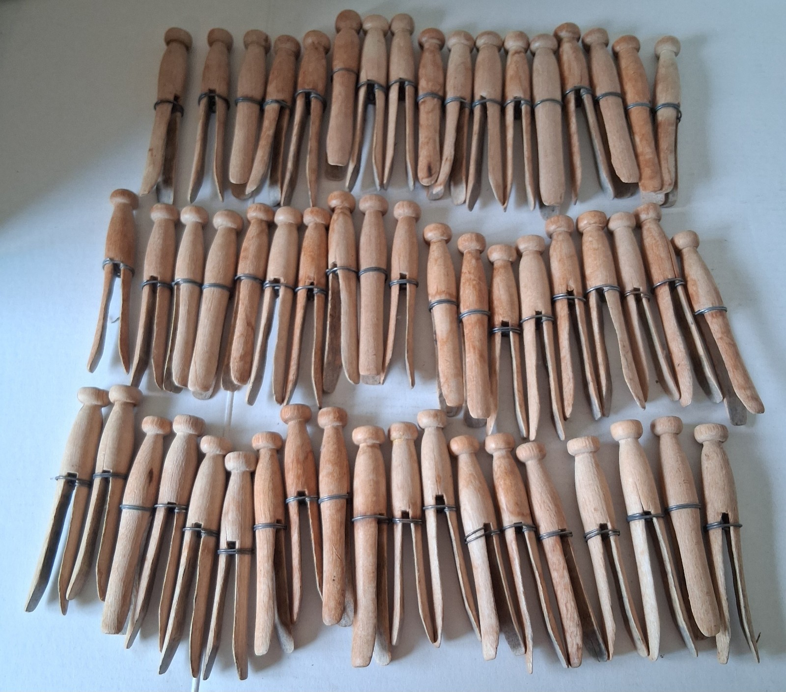 55 Vintage Wooden Clothes Pins Weathered Round Head Clothespins w/Wire Wrap Band