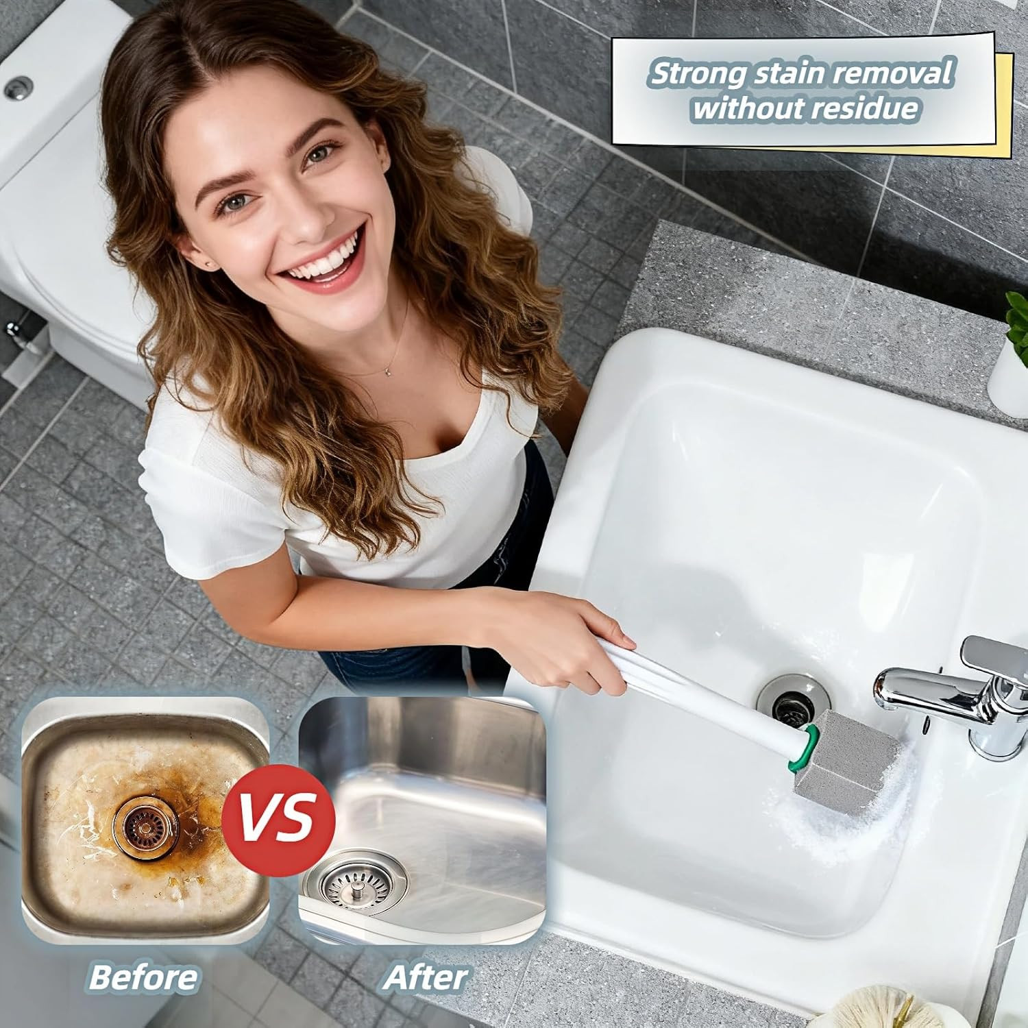 Pumice Toilet Brush Scrubber with 9.5” Handle – 1 Scrubber + 4 Pumice Stones – R