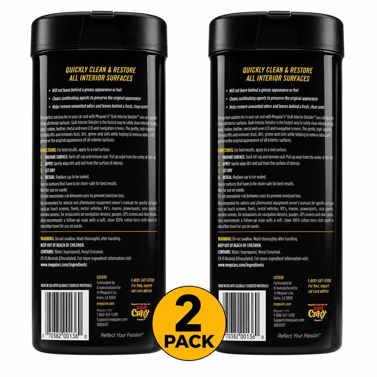 2 Pack Meguiar’s Quik Interior Detailer Wipes G13600 30 Count Car Cleaner