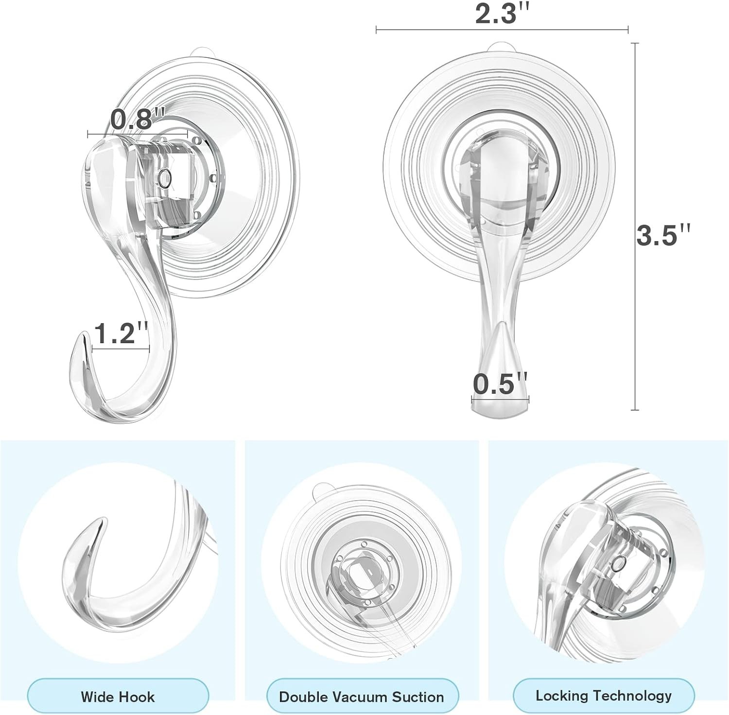 Minimalist Clear Suction Hooks with Locking Technology – 6.6 lb Capacity, 2 Pcs