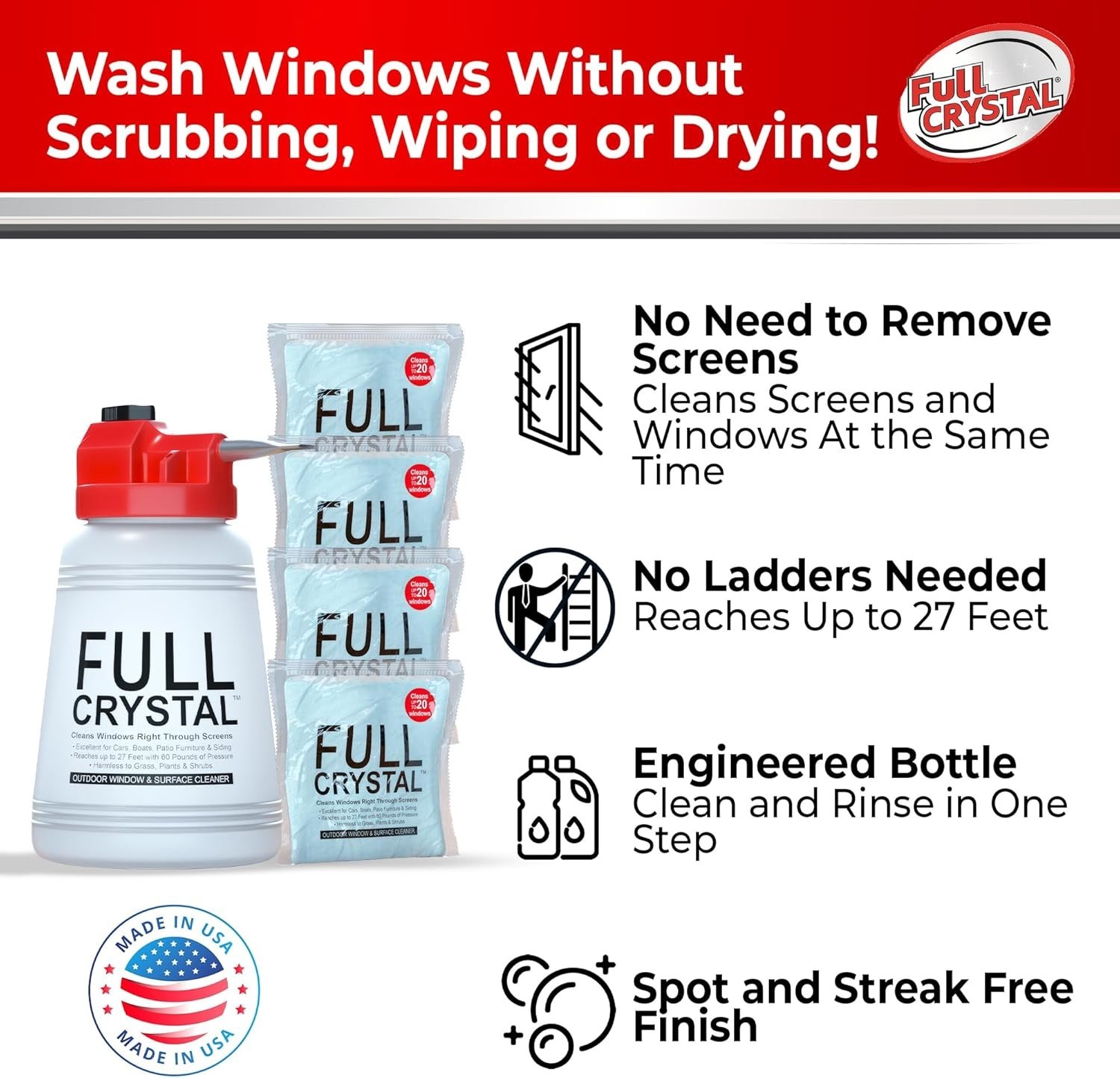 Window Cleaning Kit – 6 oz Glass Cleaner and Bottle with 27 ft , Each 4 oz Ba…