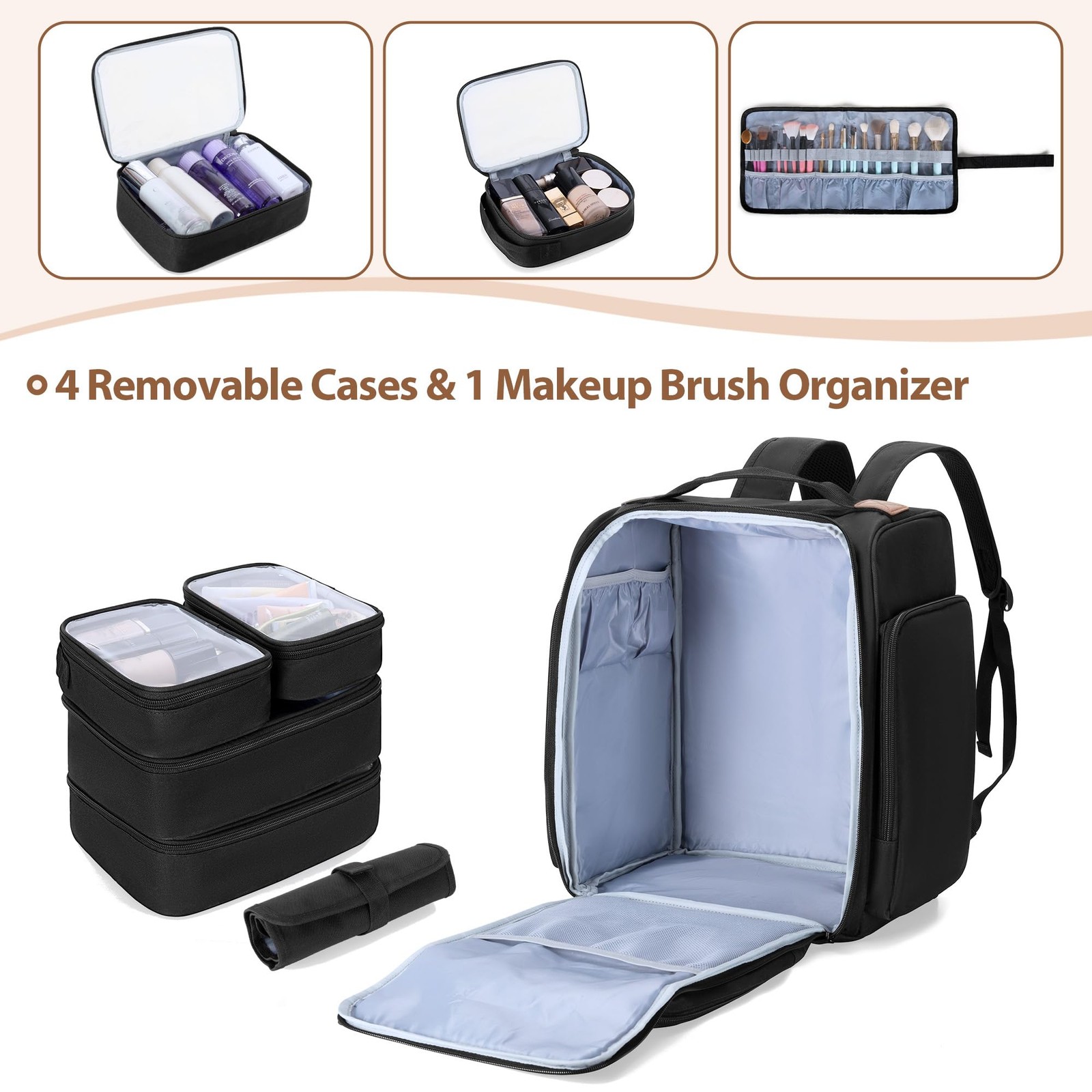BAFASO Makeup Backpack with 4 Removable 12″L x 7.75″W x 14.25″H, Black