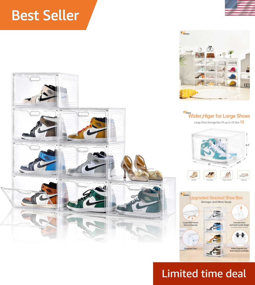 8 Pack Shoe Boxes Clear Plastic Stackable, Large Shoe Storage Organizer with …