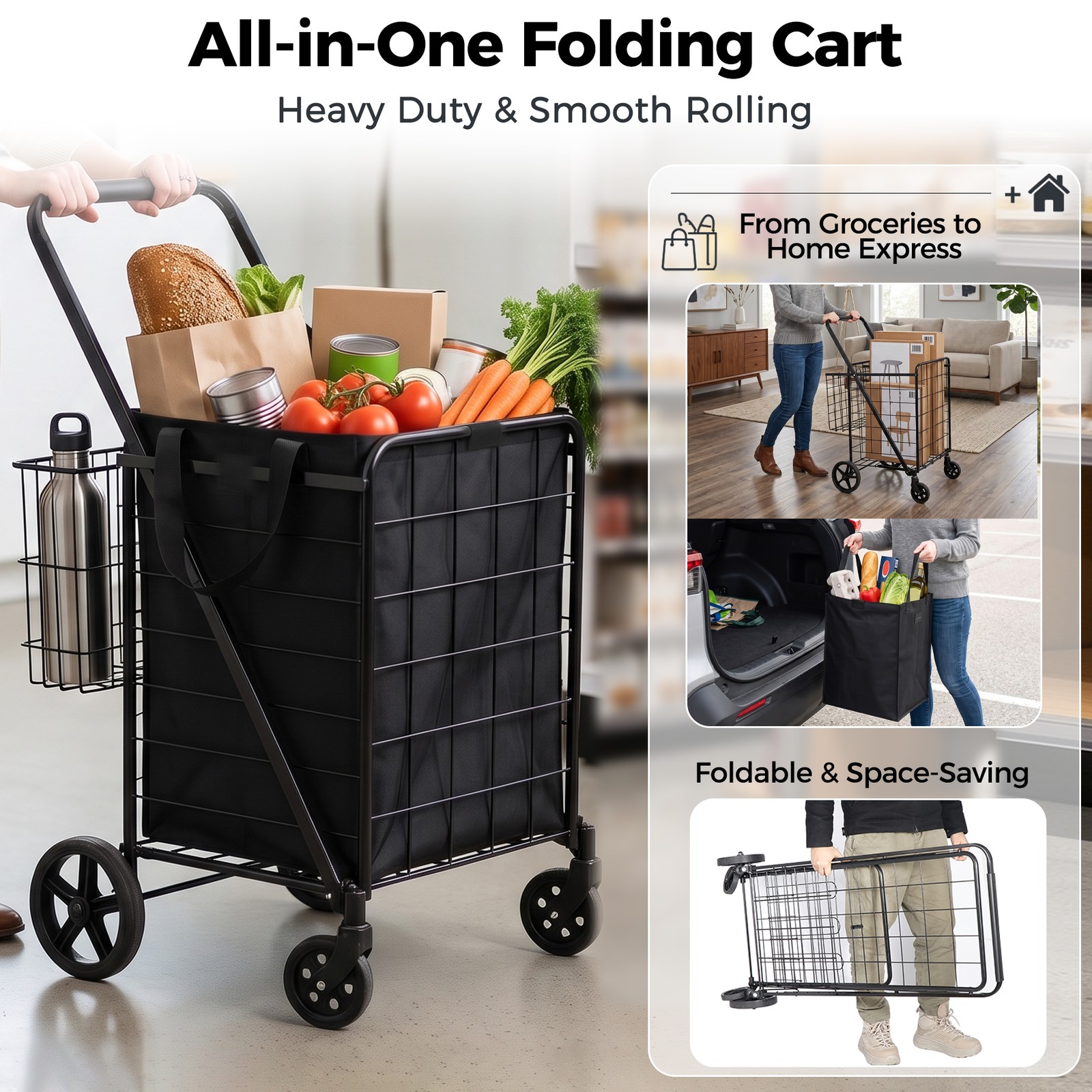 Collapsible Rolling Grocery Cart 88LB Load Capacity w/ Oxford Cloth Liner Black