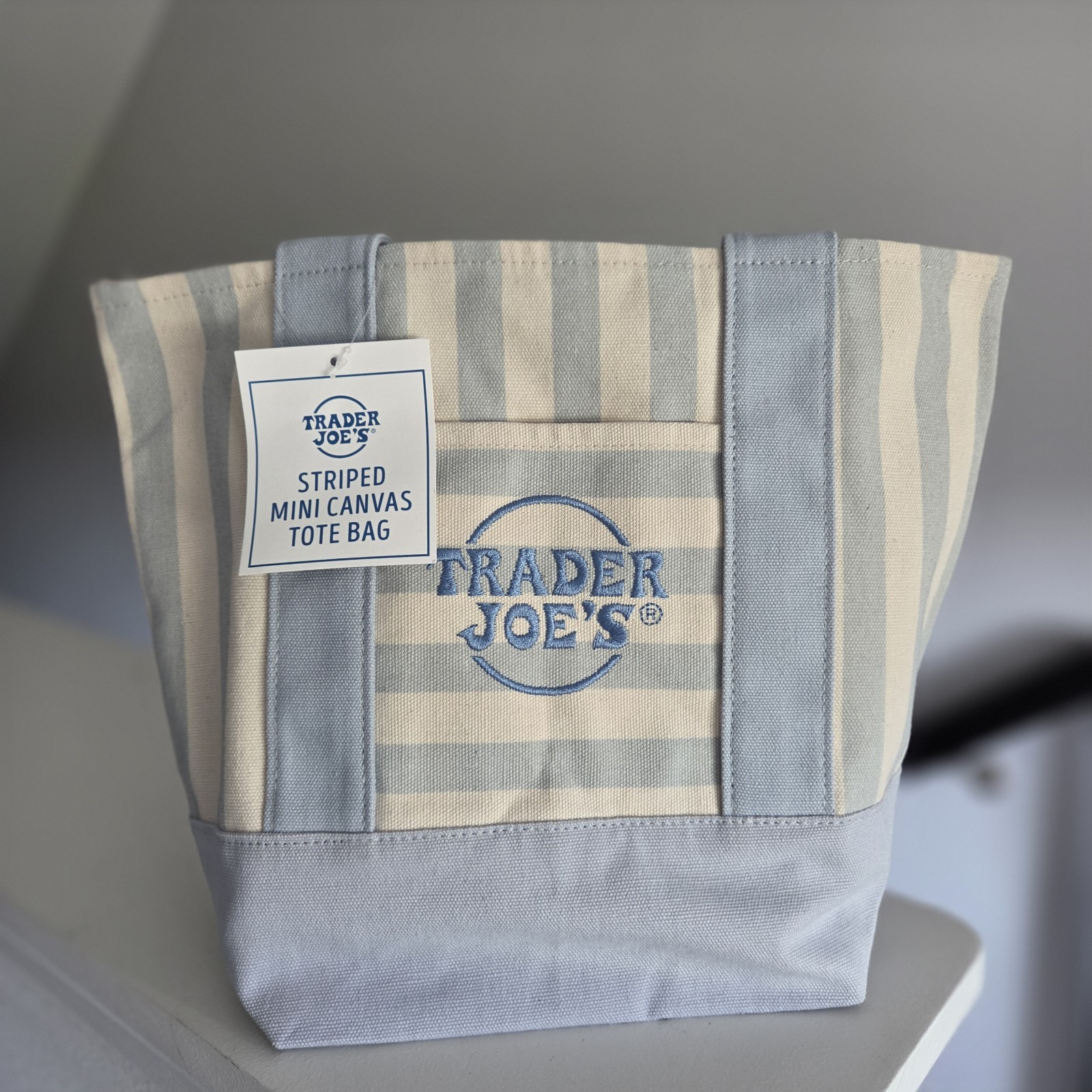 Trader Joe’s Limited Mini Canvas Pastel Striped Tote Bag 2026 Light Blue