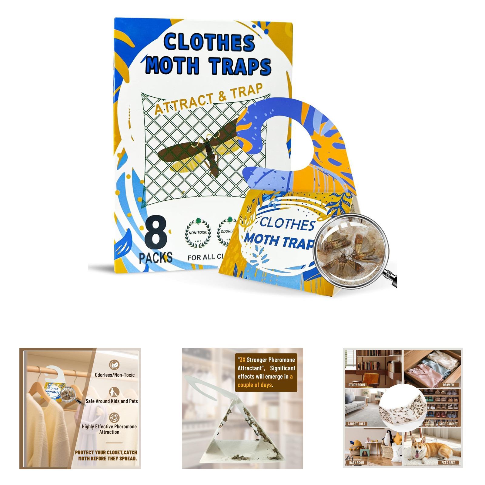 Cloth Moth Trap Pheromone Attractant Odorless Non-Toxic Sticky Strips for Closet