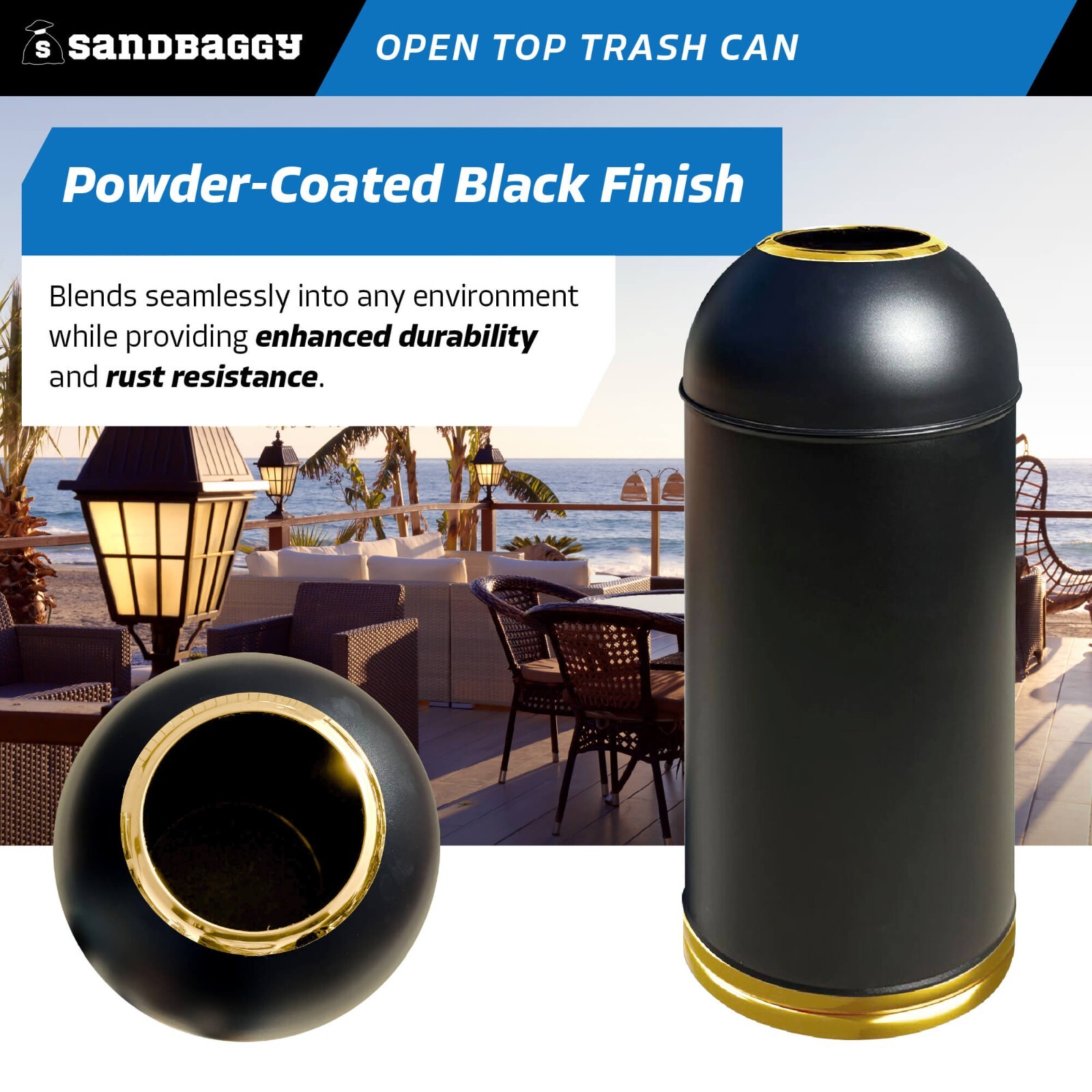 Sandbaggy 15-Gallon Black Open Top Dome Steel Trash Can with Lid (31″ x 12″)