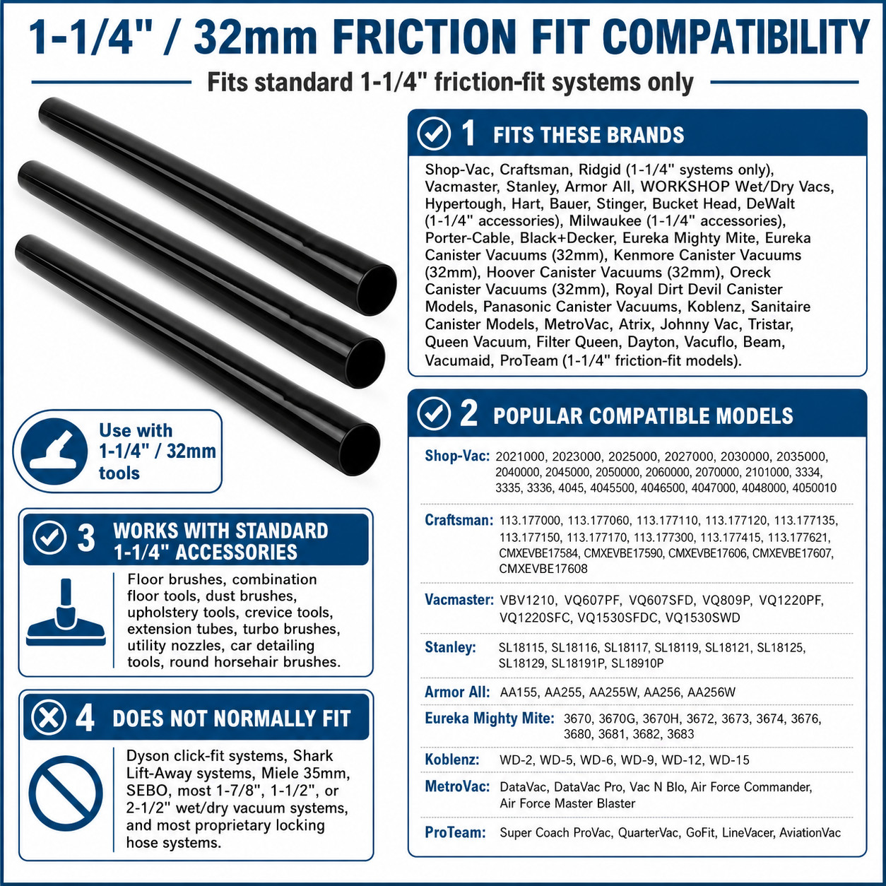 3 Plastic Wands Tubes Pipes for Walmart Hart Vacuum using 1 1/4″ Attachments 19″