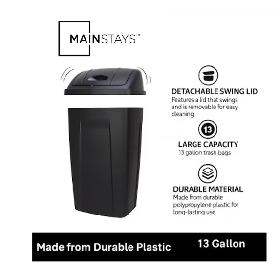 Mainstays Kitchen Trash Can, 13 Gallon Plastic Garbage Bin with Swing Top Lid