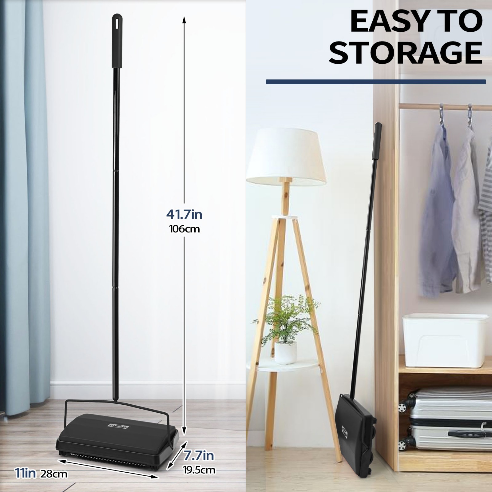 Carpet Floor Sweeper with Horsehair, Non Electric Manual Sweeping (Black)