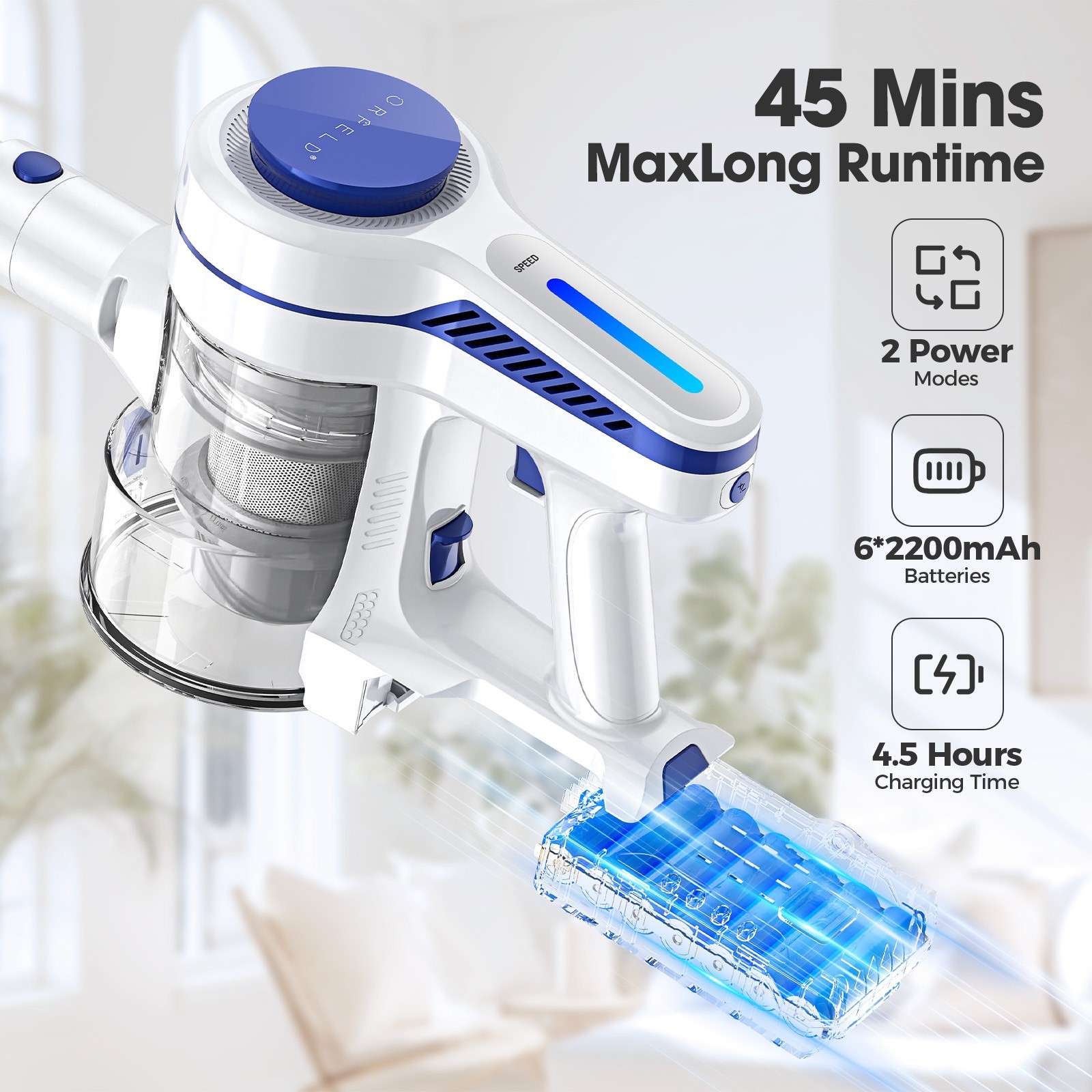 Cordless Vacuum Cleaner 1.5L Powerful Stick 50Kpa 60min Lightweigh Rechargeble
