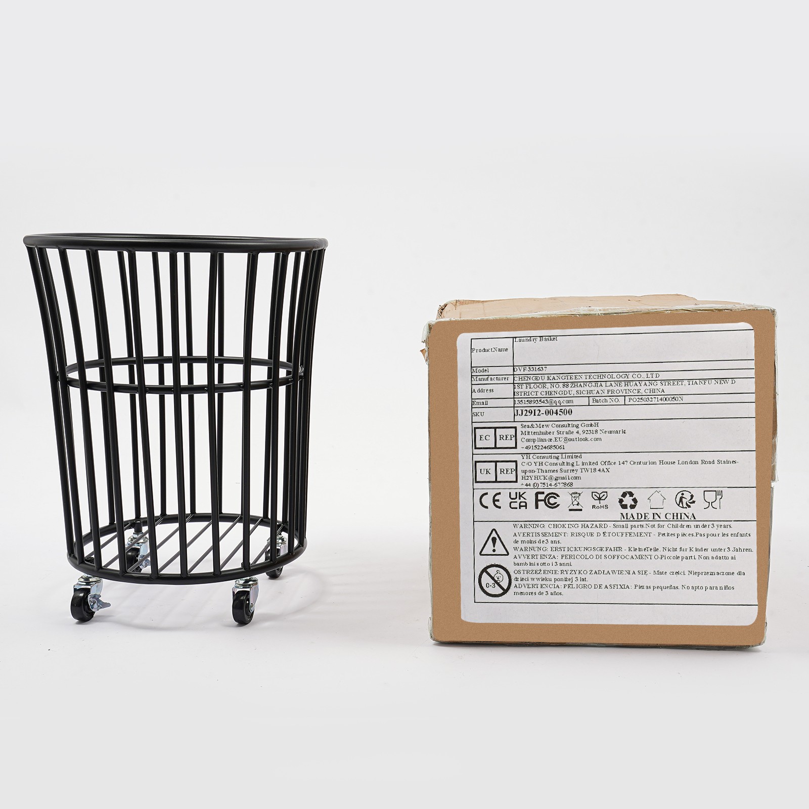 Black Metal Laundry Basket with 4 Wheels,36*40cm Round Barrel Laundry Basket