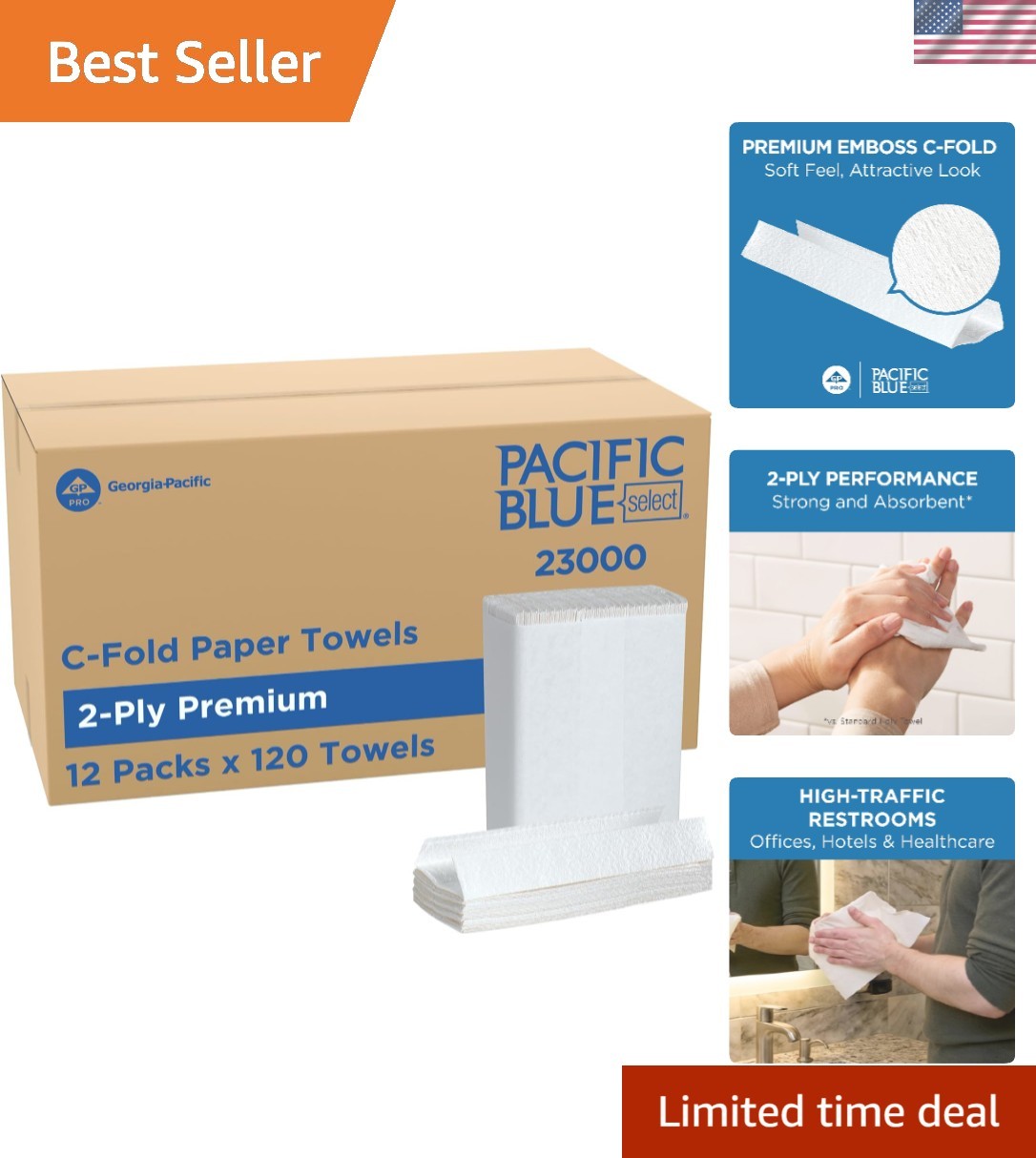 Pacific Blue Select by PRO C-Fold 2-Ply Paper Towels, White, 3.6” Folded Wid…