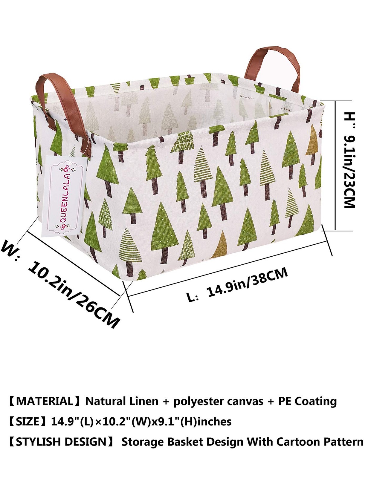Rectangular Collapsible Laundry Basket with Side Handles, Green forest