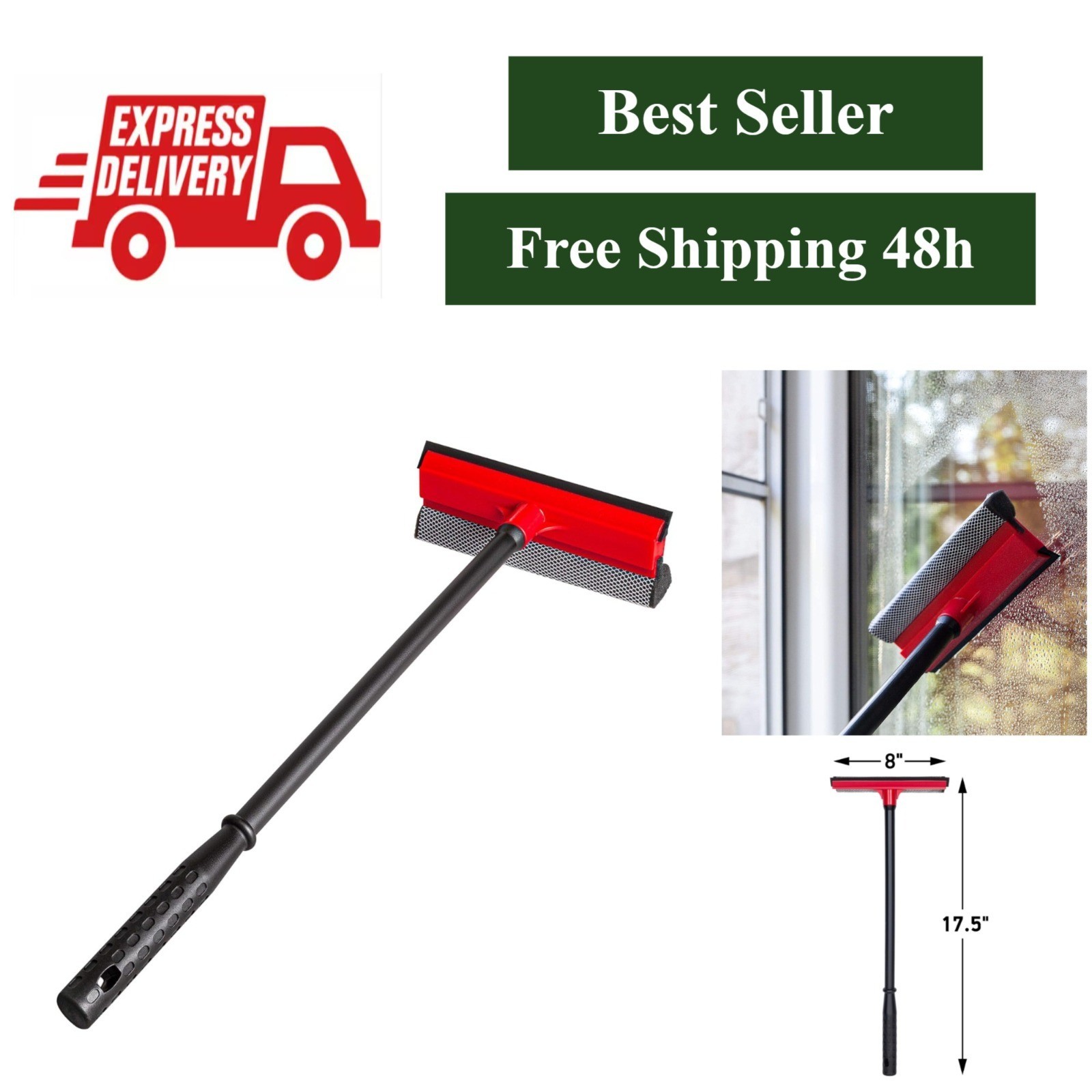 DSV Standard 2-in-1 Window Squeegee with 17.5″ Handle and Rubber Blade