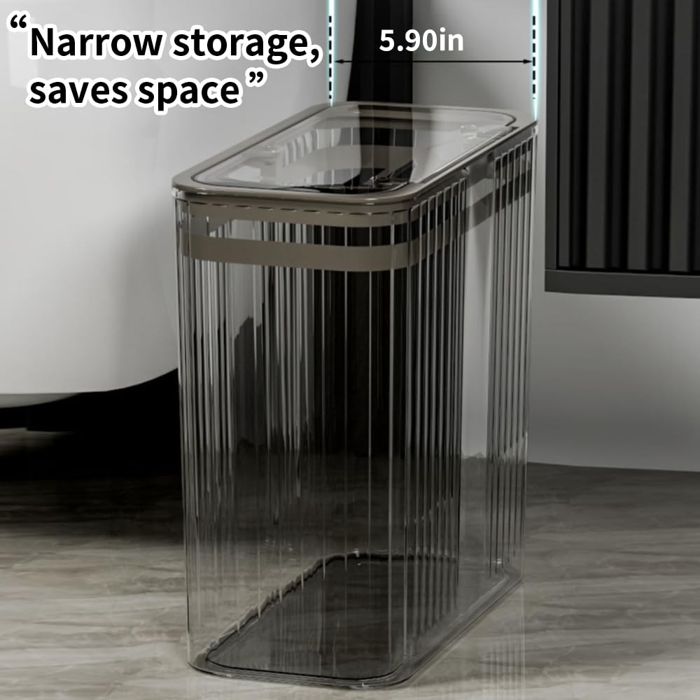 15L/3.5 Gallon Clear Transparent Trash Can Press Top Lid Wastebasket Gray