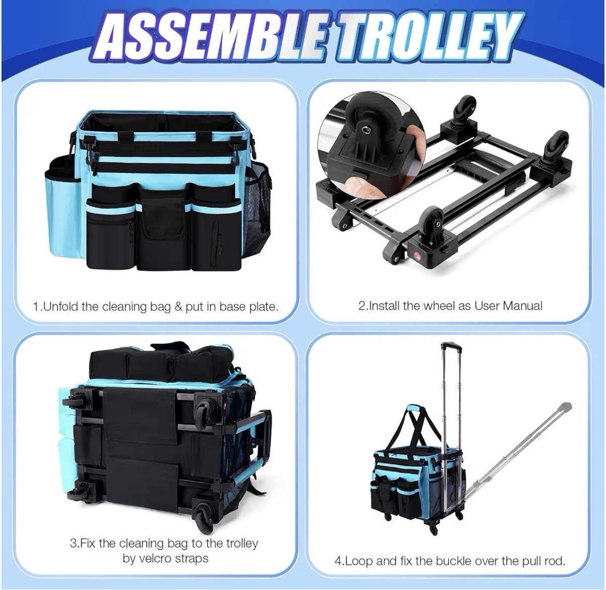 Large Rolling Cleaning Caddie Detachable Trolley with Waist Pouch Cleaning Tools