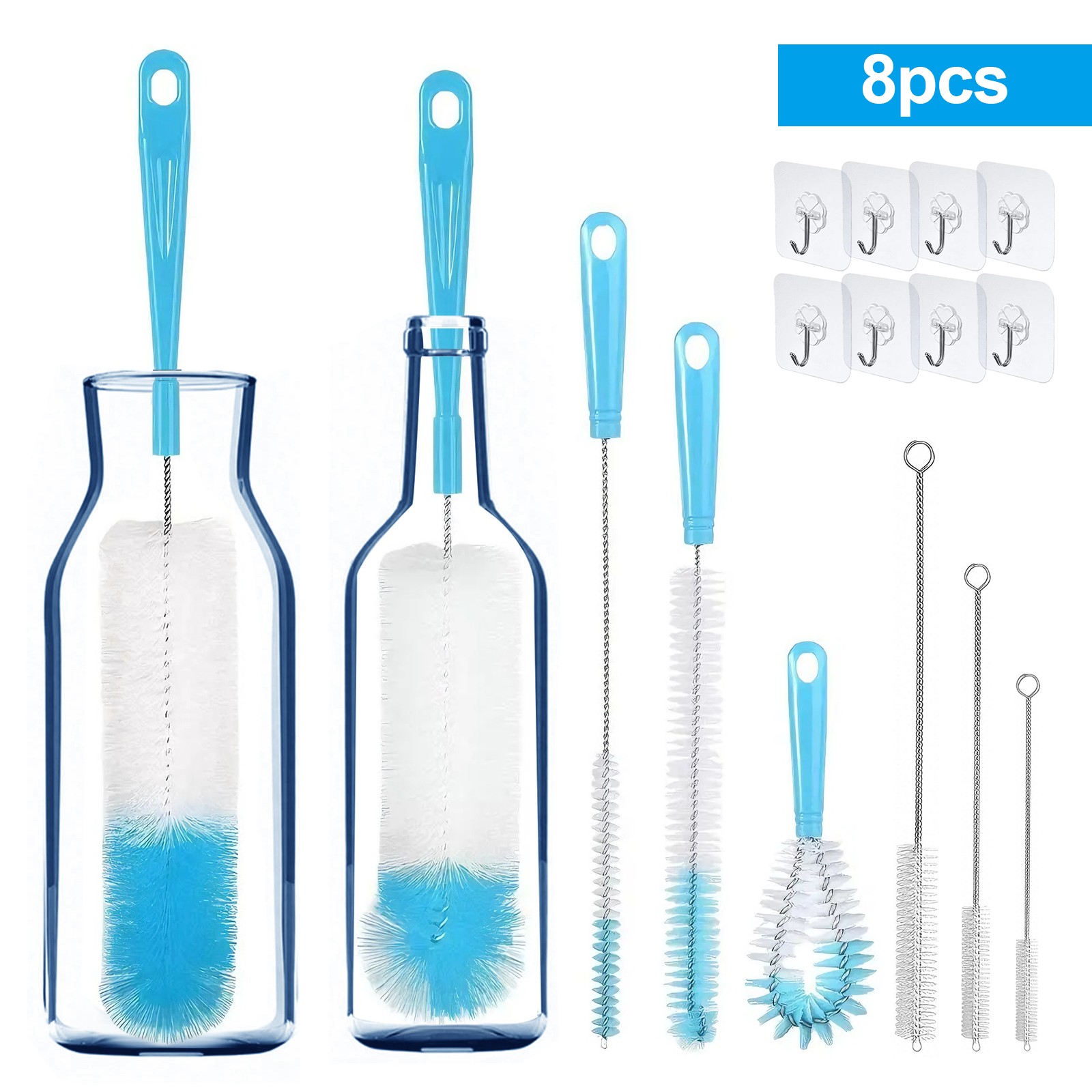 8PCS extended Handle Bottle Brush Set Plastic Cleaner Bottles Straws Cups Blu…