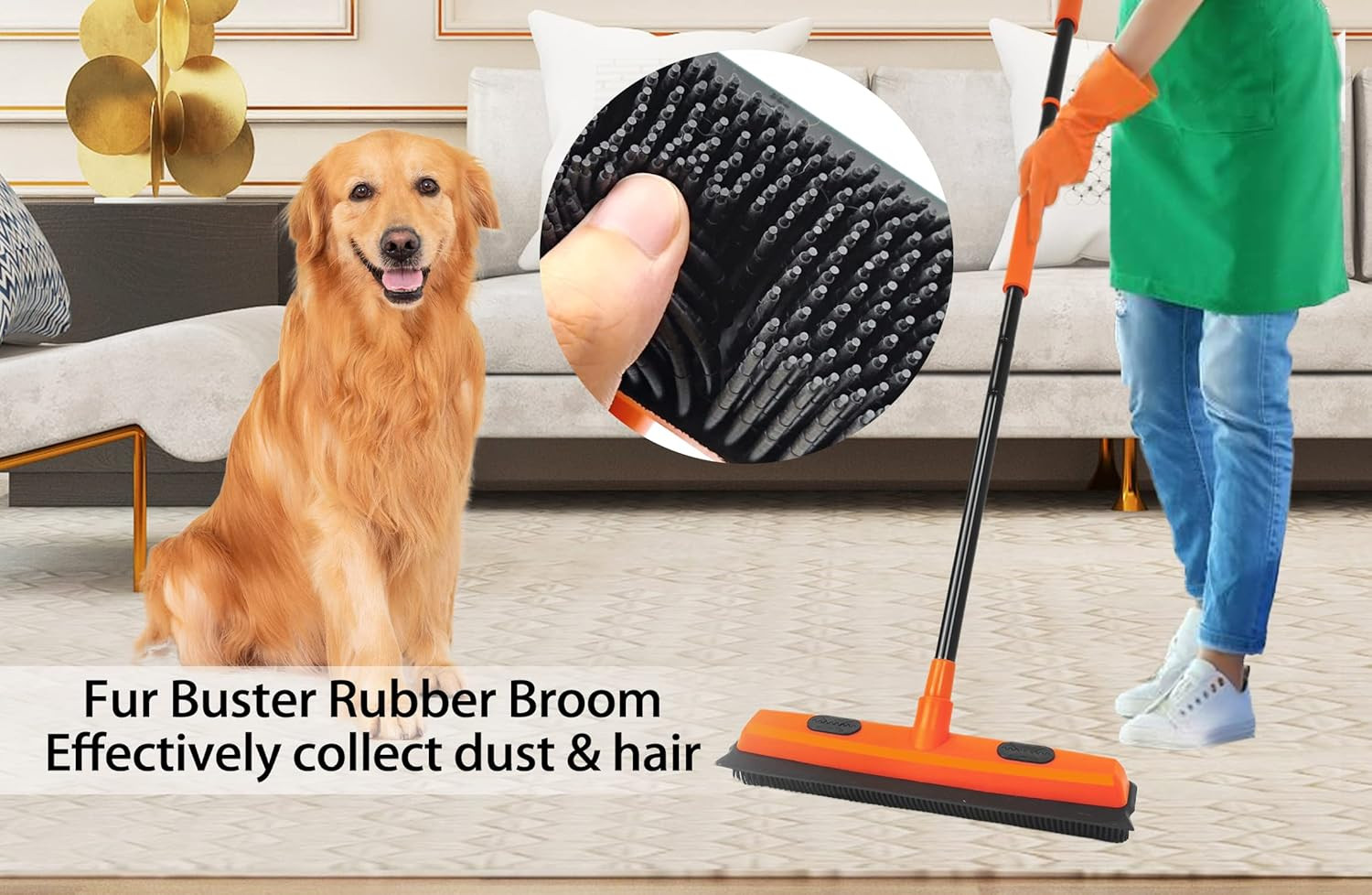 Rubber Broom Carpet Rake for Pet Hair Remover, Fur Removal with Squeegee, Portab